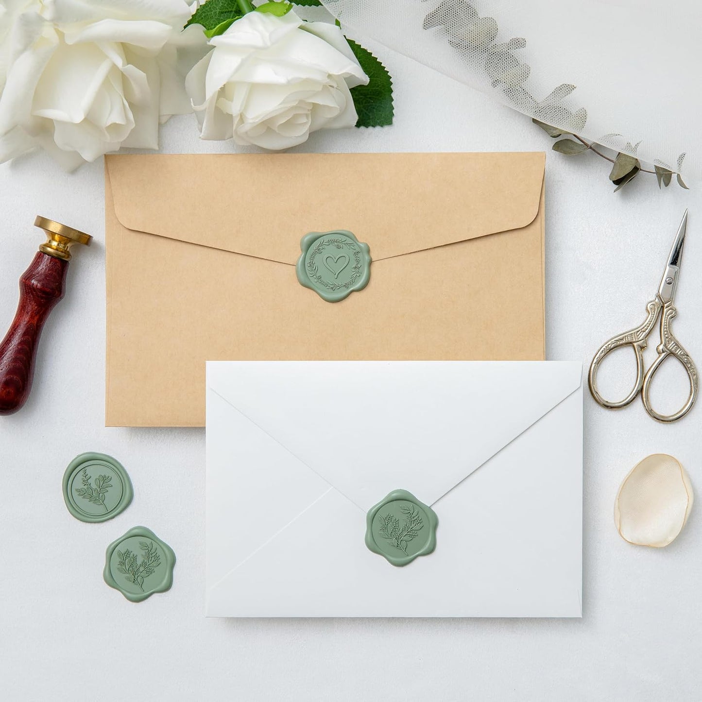 60 Pcs Dark Sage Green Wax Seal Stickers Self-Adhesive Envelope Seals Stamp Stickers, Perfect for Wedding Invitations Seating Chart Christmas Gift Wrapping 3 Designs in 1 Pack