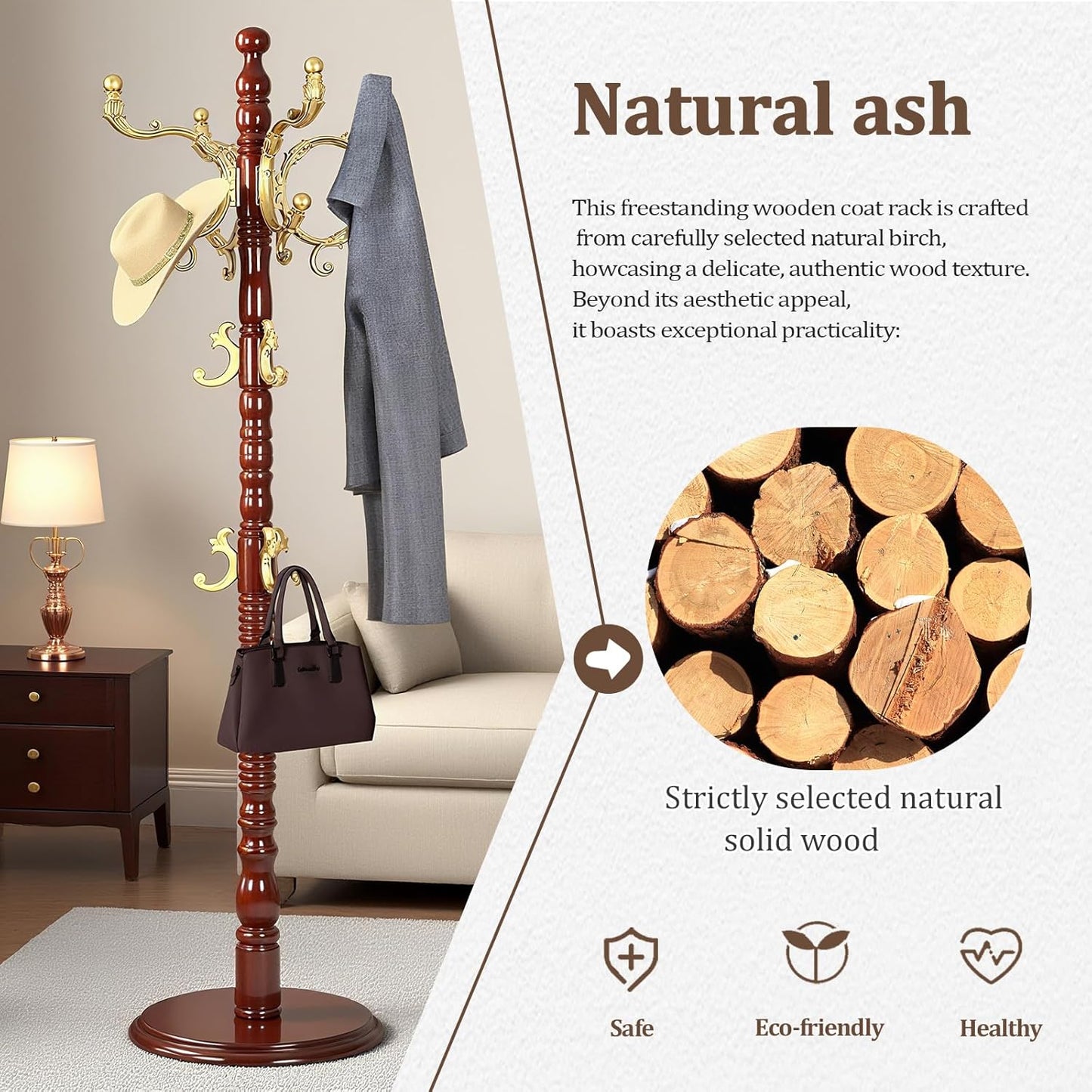 Vintage Wooden Coat Rack Free Standing,14 Hooks, 3-Level Adjustable Height, 73-Inch Retro Coat Rack Stand, Suitable for Entryway, Living Room, Office and Bedroom (Begonia color, 2PCS)