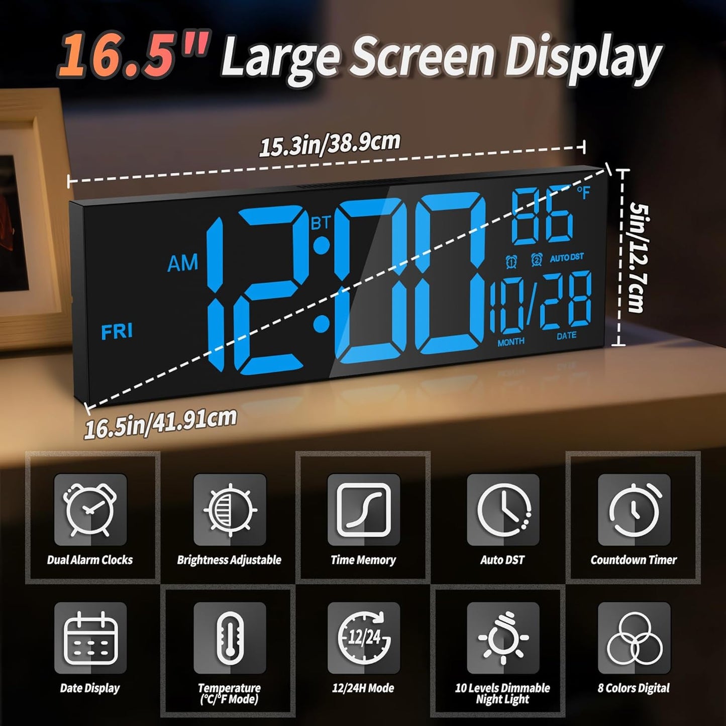 16.5" Large LED Wall Clock with Bluetooth Sync, Night Light, DST, 2 Alarms, RGB Color, Temperature, Remote Control, 12/24H, Timer for Living Room, Bedroom, Desk, Gift for Mother Father Elderly