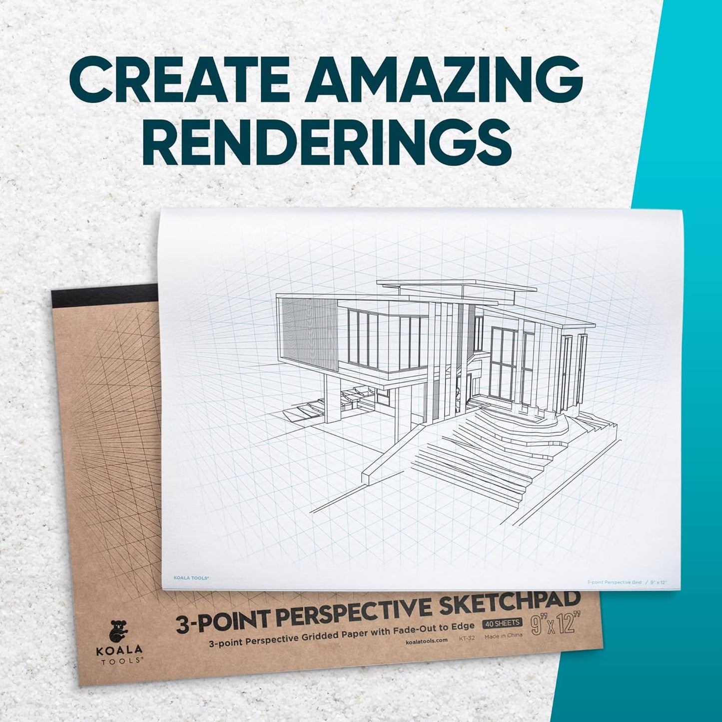 Koala Tools | Drawing Perspective (1 and 2-Point) Large Sketch Pad (3 Point - 9 x 12)