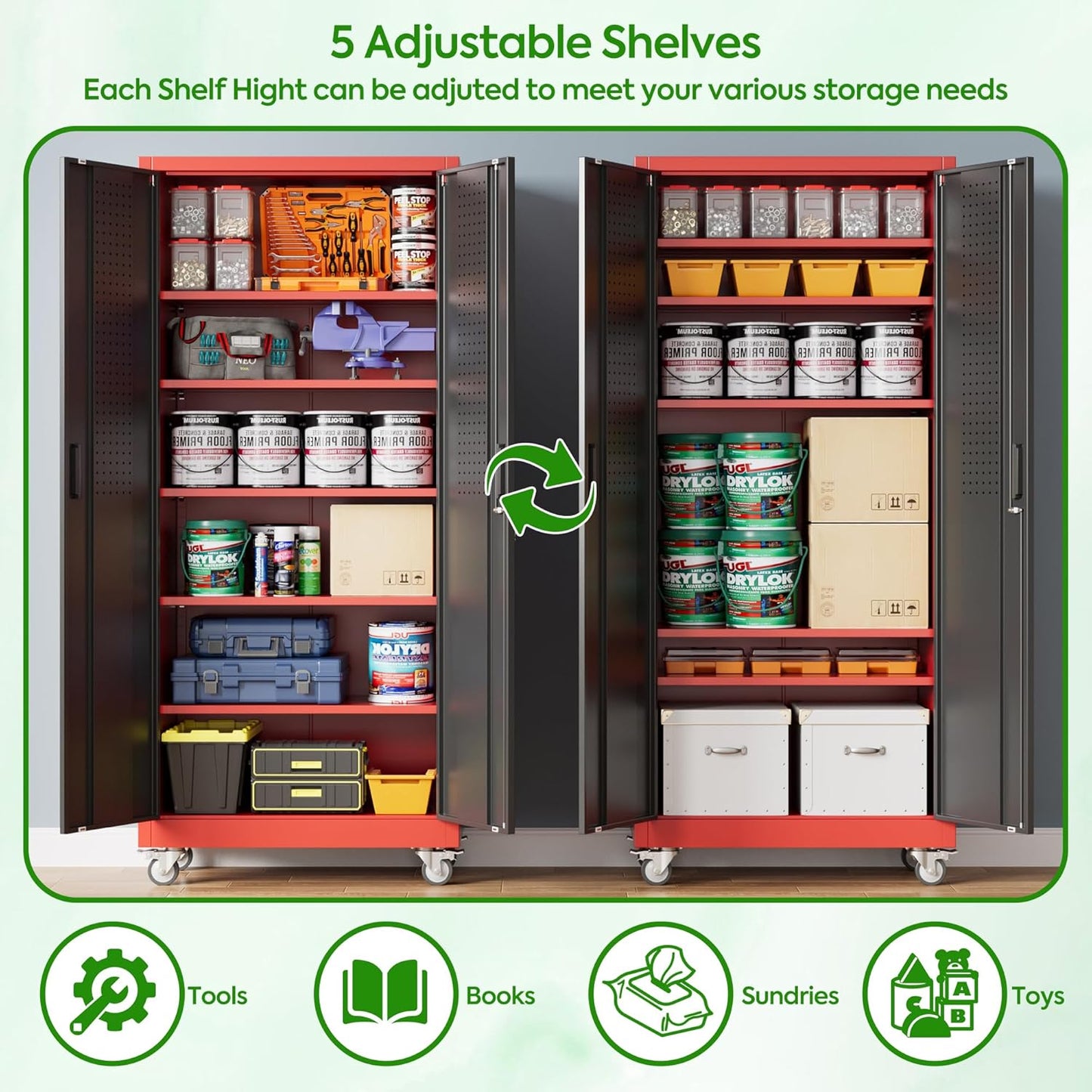 Aobabo Upgraded Garage Storage Cabinets with Wheels,Metal Storage Cabinets with 5 Adjustable Shelves for Garage Home Office Storage, Red-Black,71''H*32''W*16''D,Assembly Required