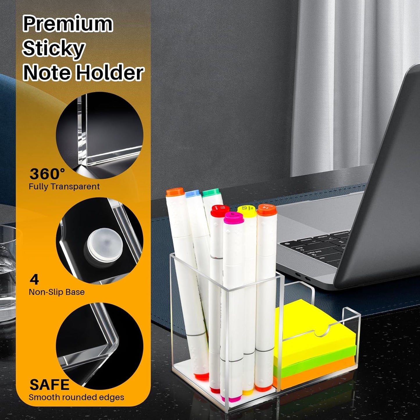 Sticky Note Holder, Crystal Clear Acrylic Pen and Sticky Note Dispenser for 3x3 Inches Note Pads, 3-in-1 Simple Phone Stand for Office Home School Dorm Room Desk Organizer(No Pads)