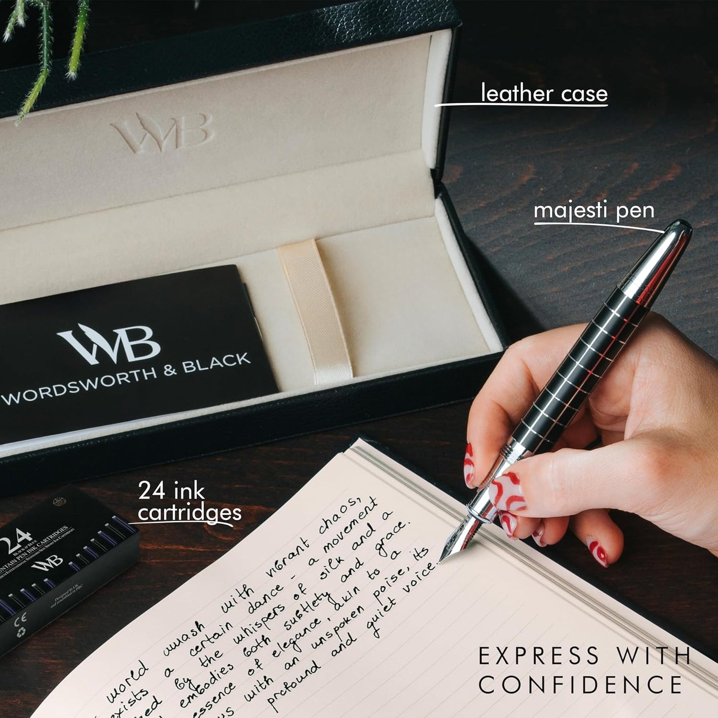 Wordsworth & Black Majesti Fountain Pen-(Checked), Luxury Case, Chrome Finish; Extra Fine Nib- Ink Cartridges, Refillable Ink Converter-Calligraphy Pen-Best Business Gift Set for Men & Women