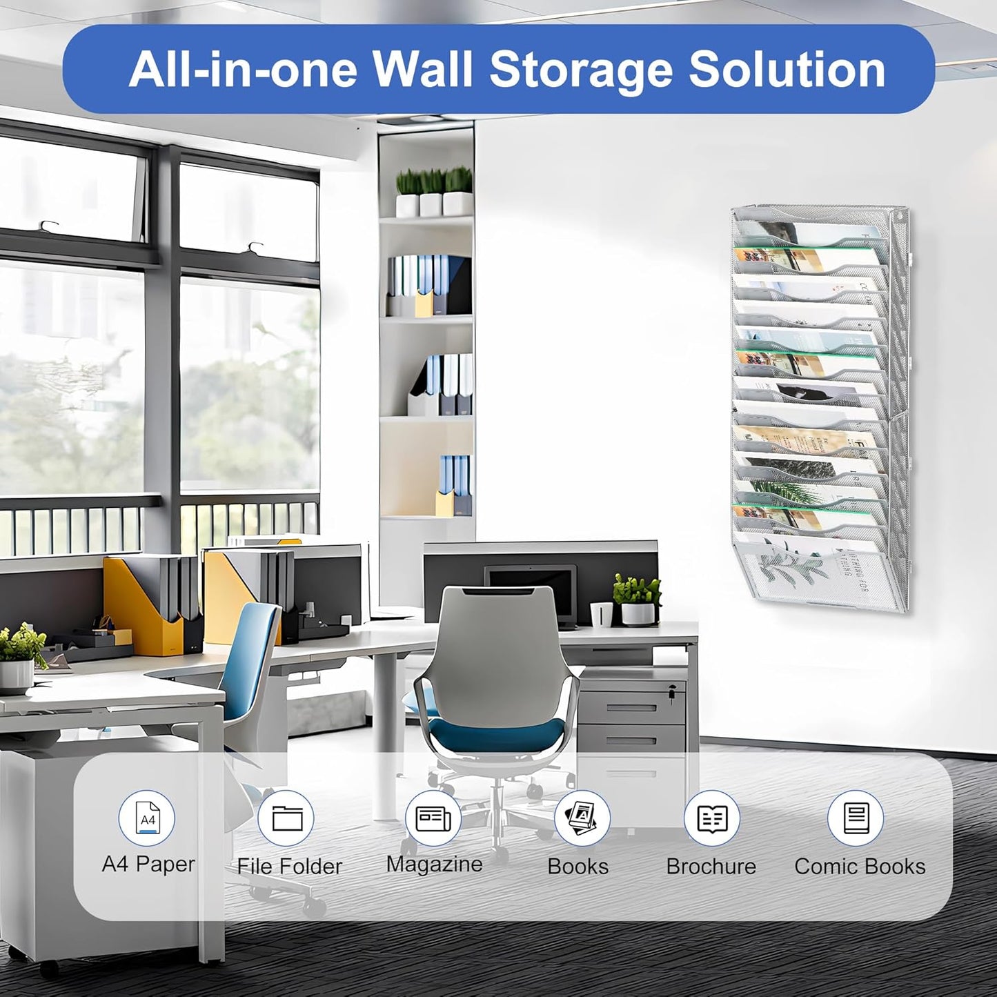 EasyPAG Wall File Holder Organizer 14 Pocket Mesh Hanging Wall Mounted Document Paper Folder Filing Magazine Rack with Nametag Label for Office Home School, Sliver