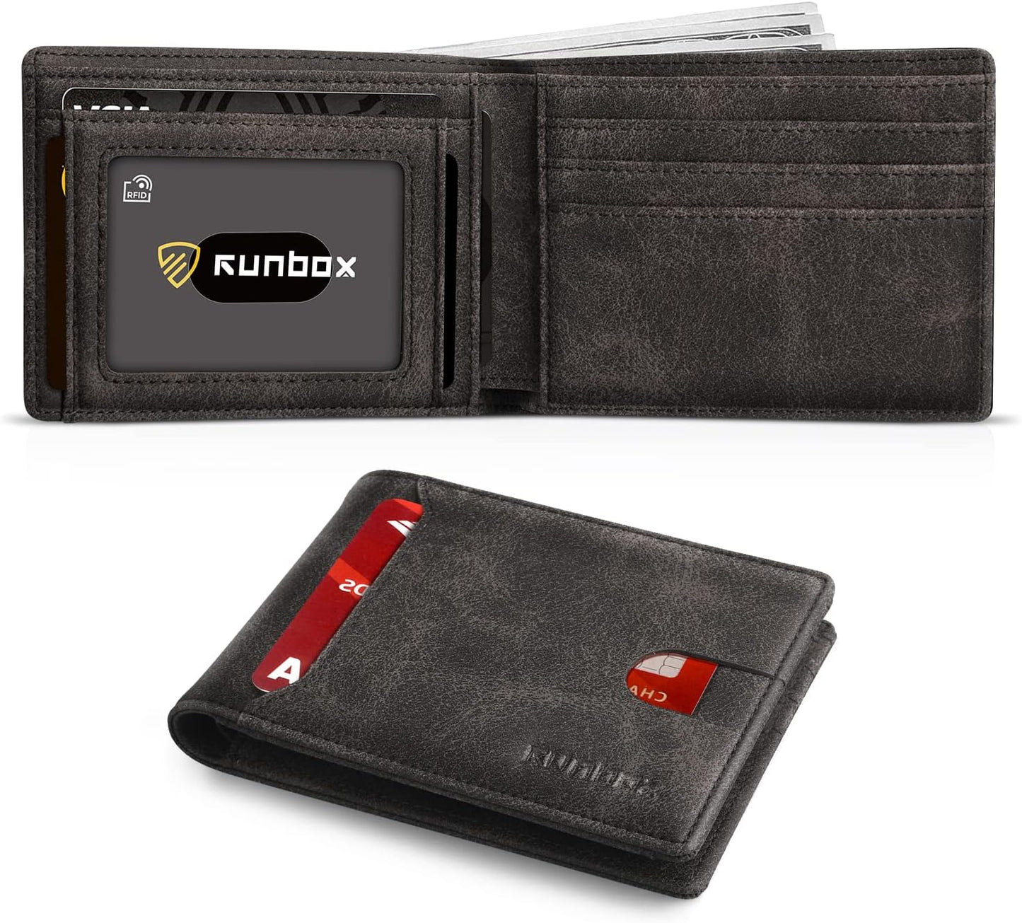 RUNBOX Novelty Wallet for Men Slim 11 Credit Card Holder Slots Leather RFID Blocking Small Thin Men's Wallet Bifold Minimalist Front Pocket Large Capacity Gift Box