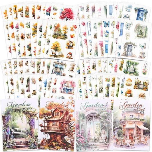 Knaid Scenery Sticker Set (490+ Pieces, 80 Sheets) 4 Pack Sticker Books Blooming Windows, Garden Houses, Enchanted Forest, Garden Fences Journaling Stickers for Scrapbook Bullet Junk Journals Planner