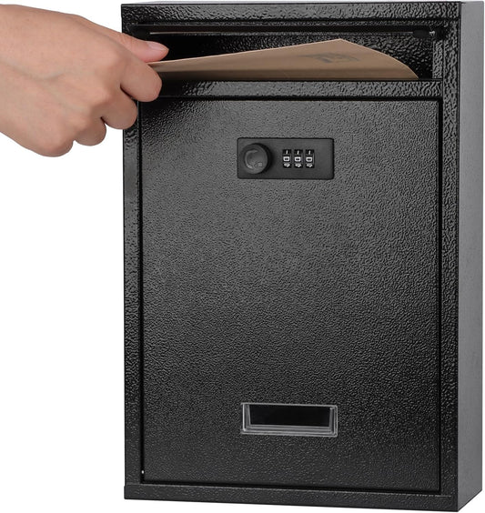 KYODOLED Locking Wall Mount Mailbox, Mail Boxes with Combination Lock for Outside, Security Drop Box with Code,12.4H x 8.54L x 3.35W Inches, Black