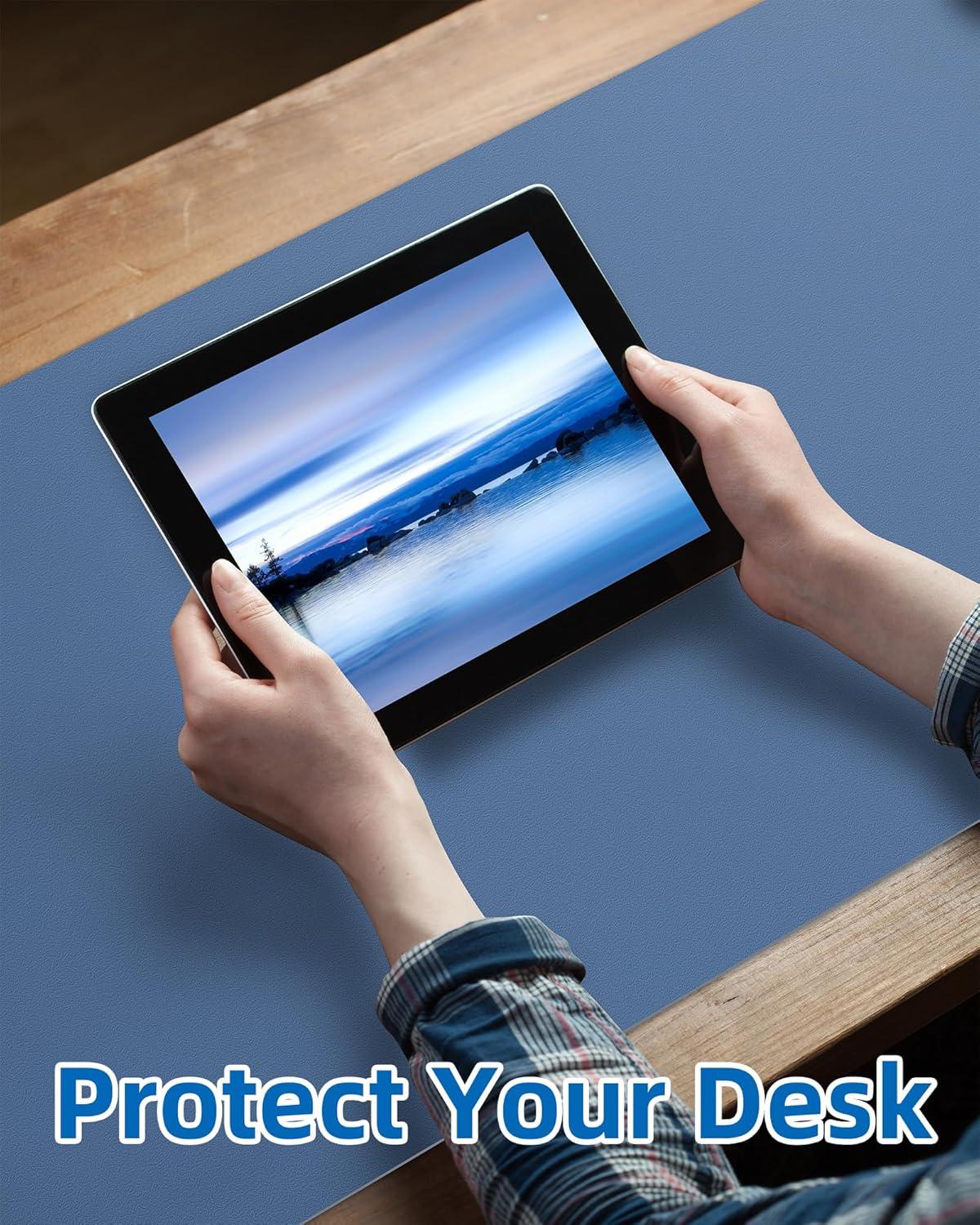 Leather Desk Pad Blotter,Mouse Pad,Office Desk Mat, Non-Slip PU Leather Desk mat,Large Desk mat,Waterproof Keyboard mat for Office/Home/Decor (Grey Blue,31.5" x 15.7")