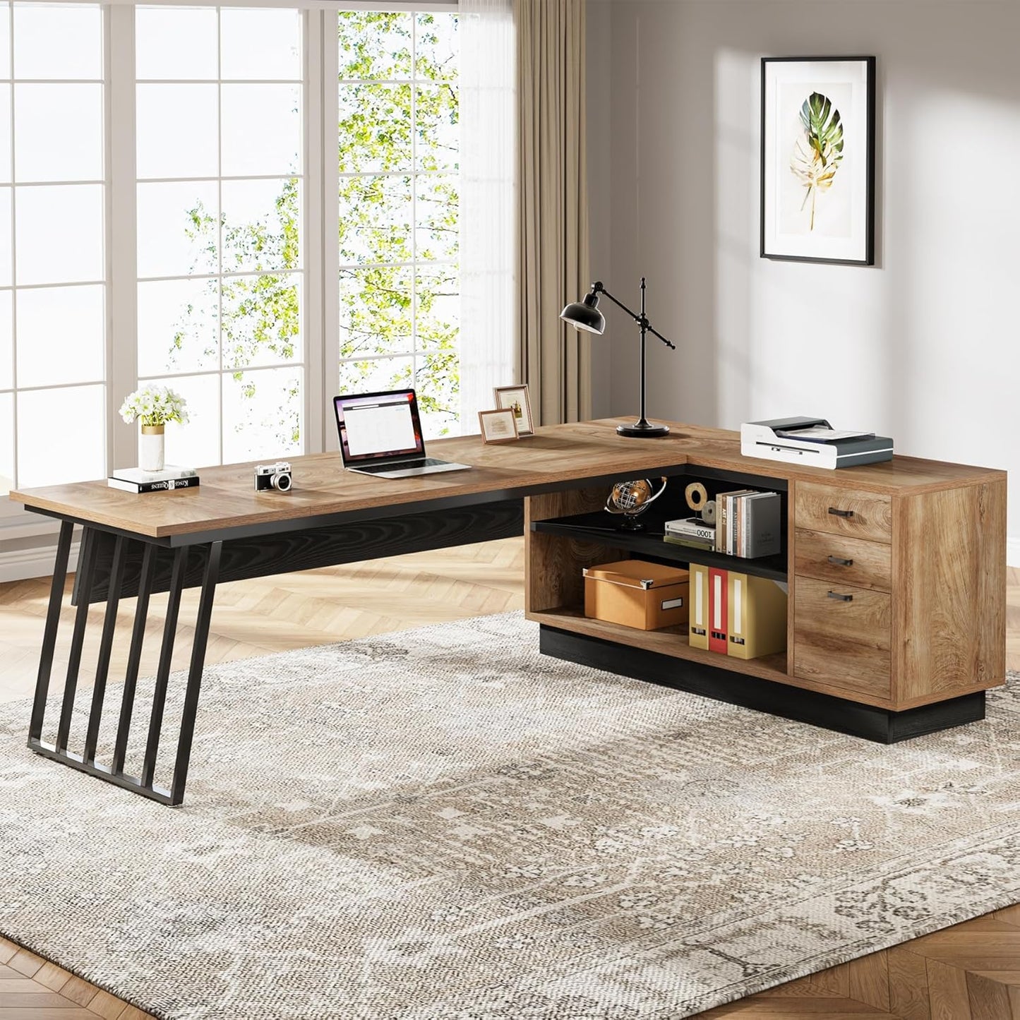 Tribesigns 71-Inch Executive Desk, L-Shaped Desk with Cabinet, Large Office Desk with Drawers and Storage Shelves, Writing Table Computer Desk for Home Office, Oak and Black