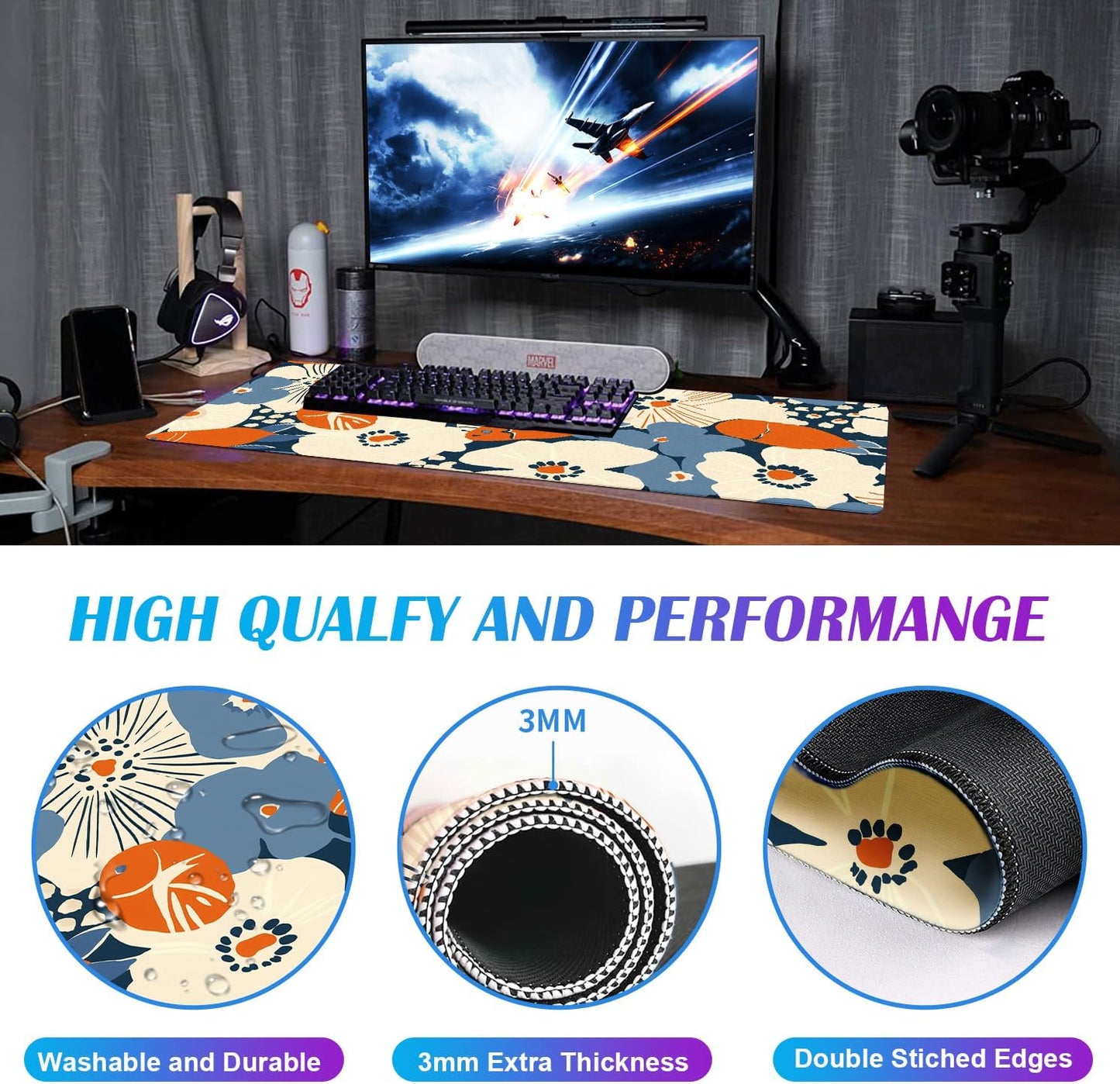 Cute Anime Flower Mouse Pad, Women's Office Desk Accessory Decoration, Expanded Mouse Pad 35.4 x 15.7 x 0.12 Inch Sewn Edge Non Slip Rubber Base