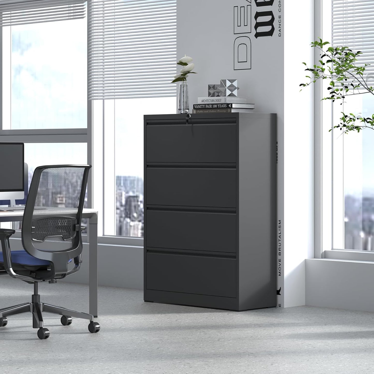 Lateral File Cabinet 4 Drawer, Metal File Cabinets for Home Office Legal/Letter A4 Size, Filing Cabinet with 4 Lock, Require Assembly, Black