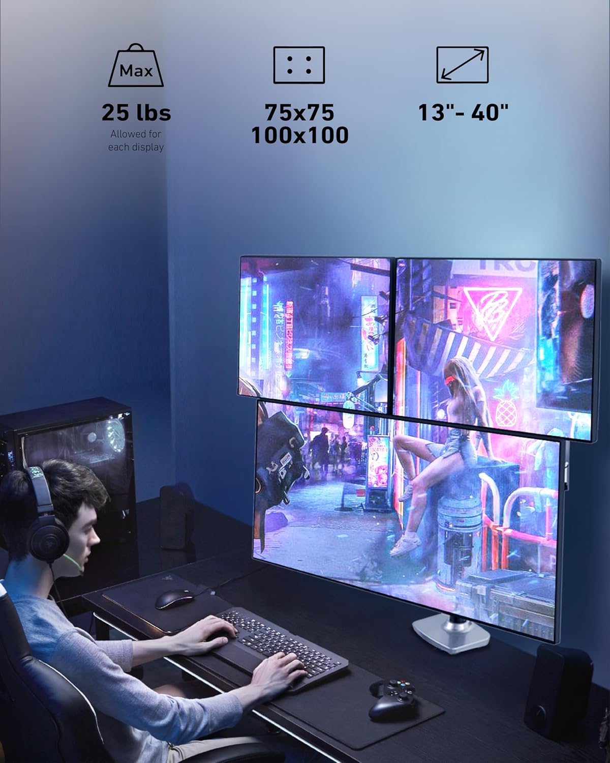 Triple Monitor Mount, Holds Screens up to 40 Inches and 25 lbs, Fully Adjustable 3 Monitor Desk Mount with C-Clamp and Grommet Base, Aluminum, Silver