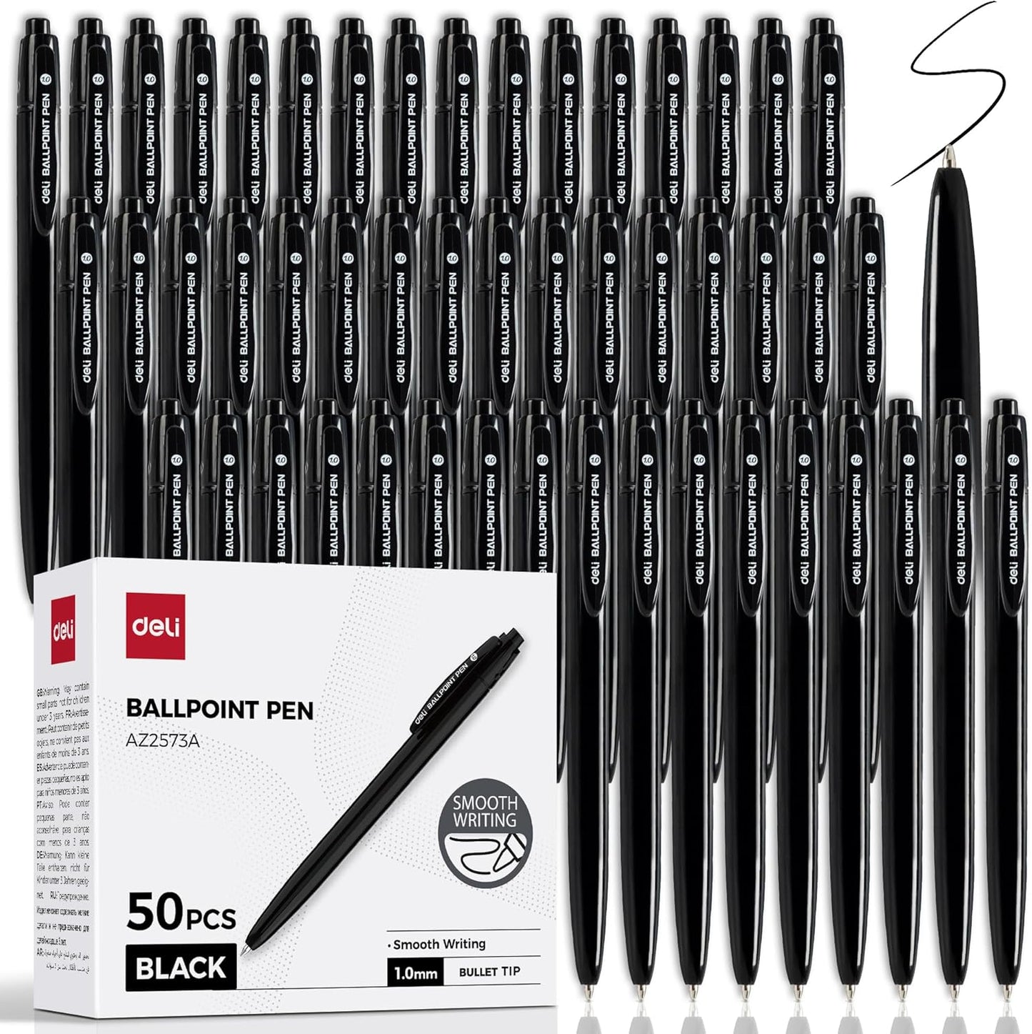 deli Pens Bulk, 50 Pack Retractable Ballpoint Pens, 1.0MM Black Ink,Smooth Writing, No Bleed, Comfortable Grip for Home,Office & School Use