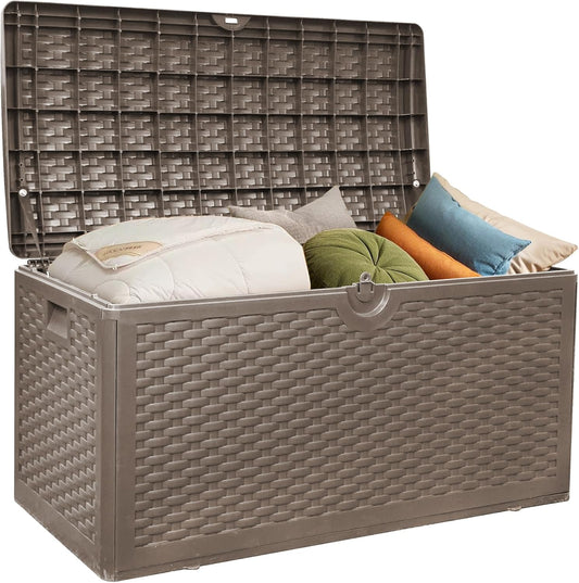 80 Gallon Pro Outdoor Storage Box Waterproof Lockable Resin Deck Box Large, Patio Storage Bin for Pool Accessories Cushion Furniture, Garden Tools, UV-Resistant Outside Delivery Brown