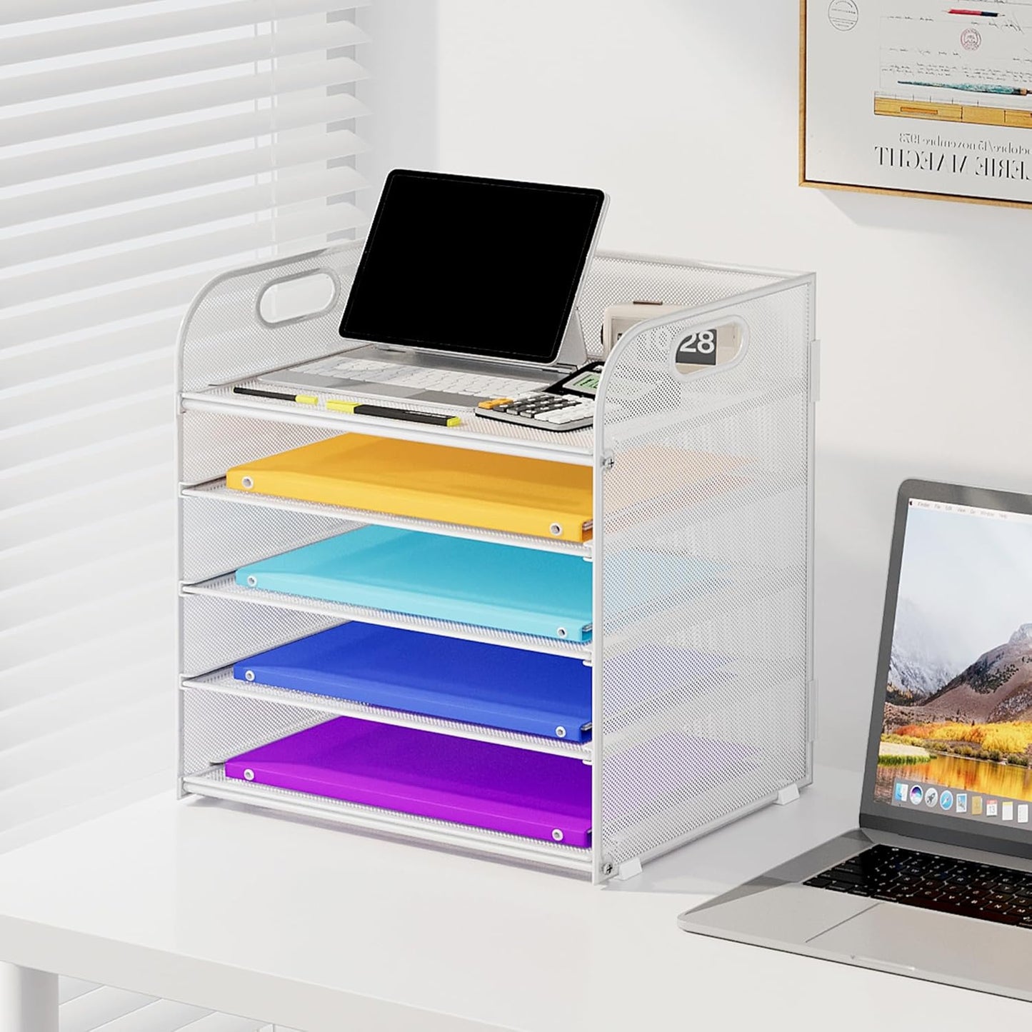 5 Tier Paper Organizer with Handle, Metal Mesh Desk Organizer File Folder Paper Letter Tray Desktop Document Sorter for Classroom, School, Office Accessories Organization and Storage - White