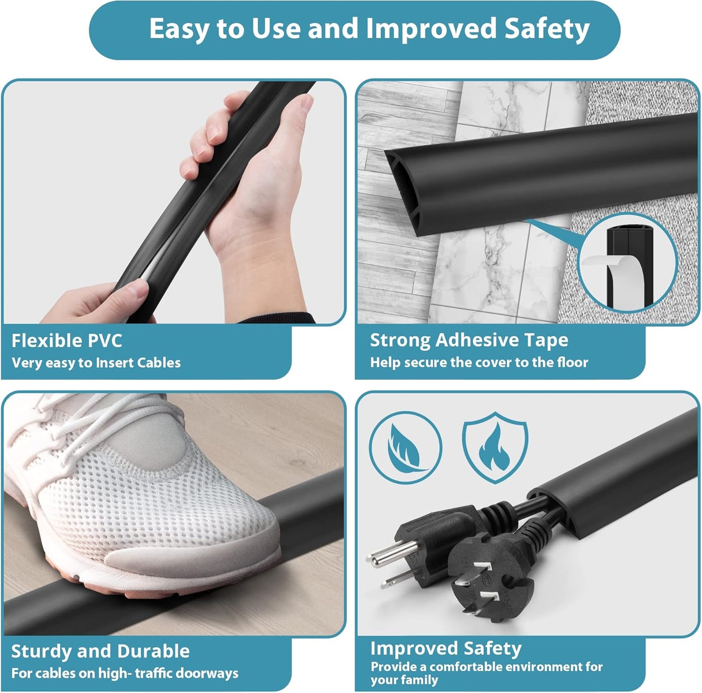 Floor Cable Cover 3ft Grey, LZEOY Cord Covers for Wires on Floor, Cord Hider Floor Cable Management, Extension Cord Floor Cover Low Profile, Floor Cord Cover for Office/Carpet/Floor