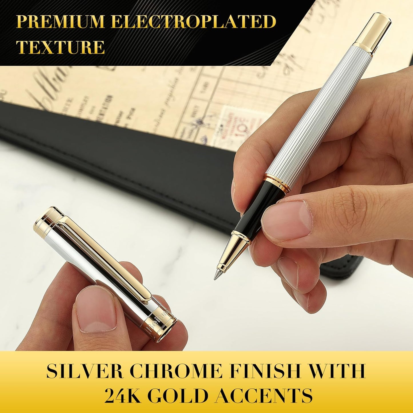 BEILUNER Lighthouse series Rollerball pen, Silver Chrome pen body, exquisite vertical lines, Schneider 850 refill, suitable for men, office, professionals, exquisite and chic designer pen