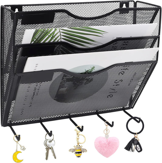 EASEPRES 3 Pocket Mesh Hanging File Organizer with Key Holder Hooks & Nametag Label, Wall Mounted Mail Paper Document Folder Clipboard Storage Organization Magazine Rack for Office Cubicle, Black