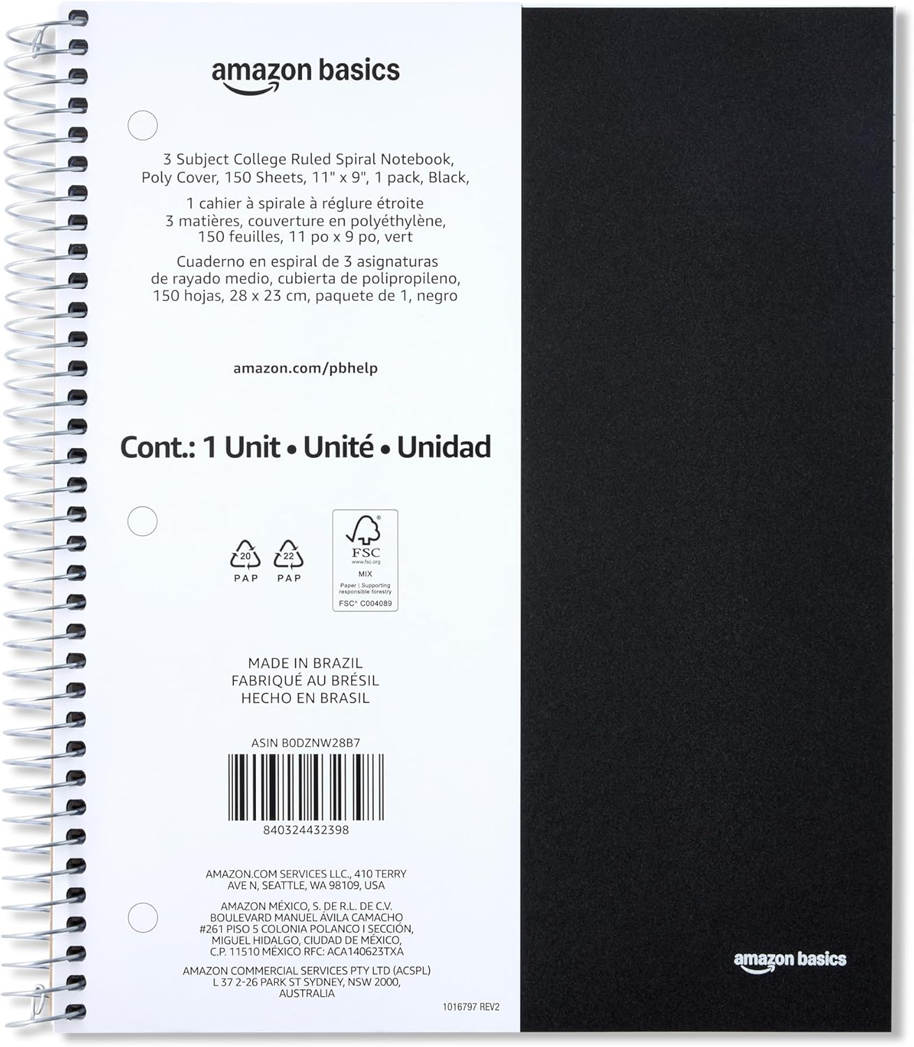 Amazon Basics 3 Subject College Ruled Spiral Notebook, Poly Cover, 150 Sheets, 8-1/2" x 11", Black, 1 pack