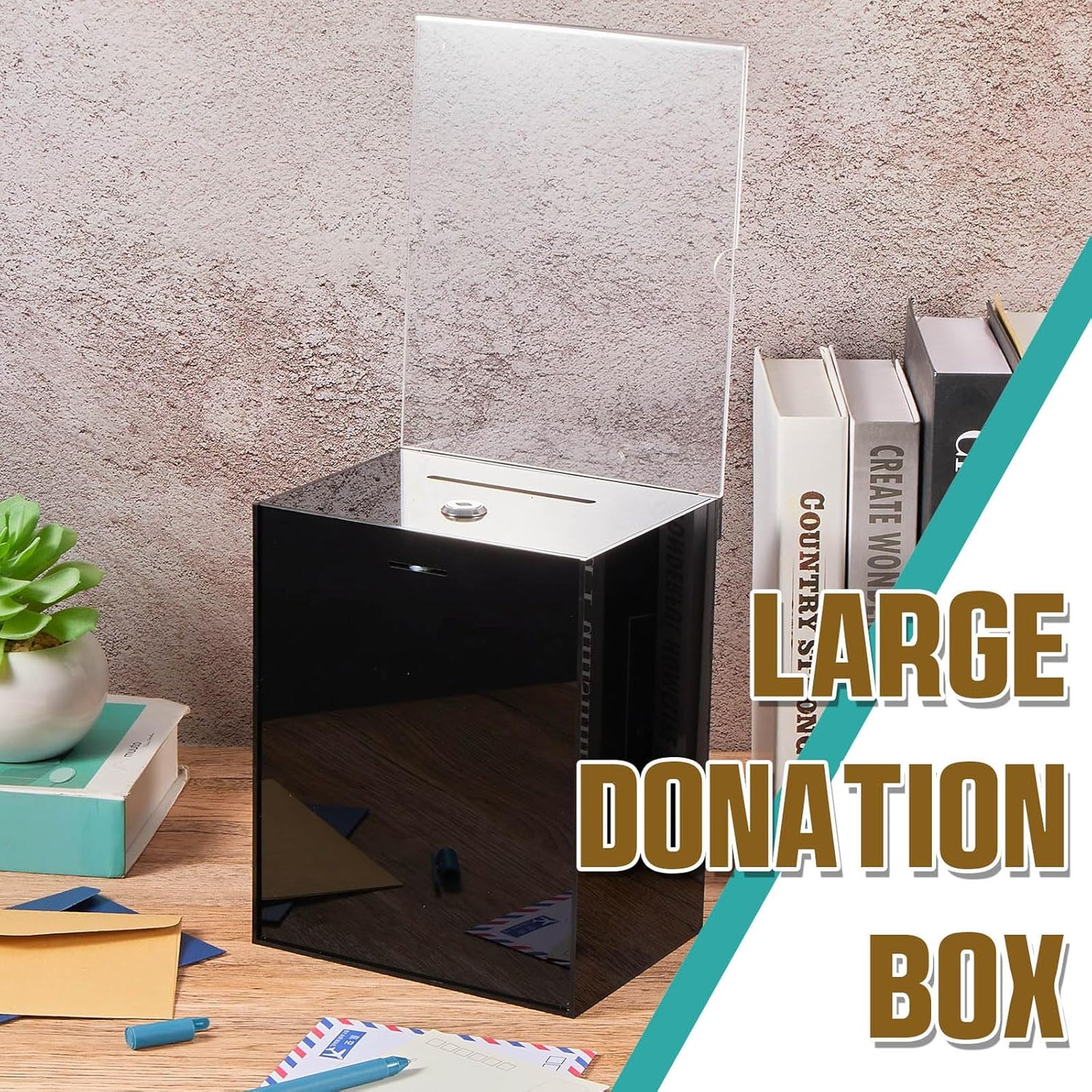 Sweetude 2 Pack Acrylic Donation Box with Lock Tall Tip Jars 8.2 x 6.7 x 5 In Suggestion Ballot Box with Sign Holder Large Locking Raffle Voting Container for Fundraising Ticket Collection(Black)