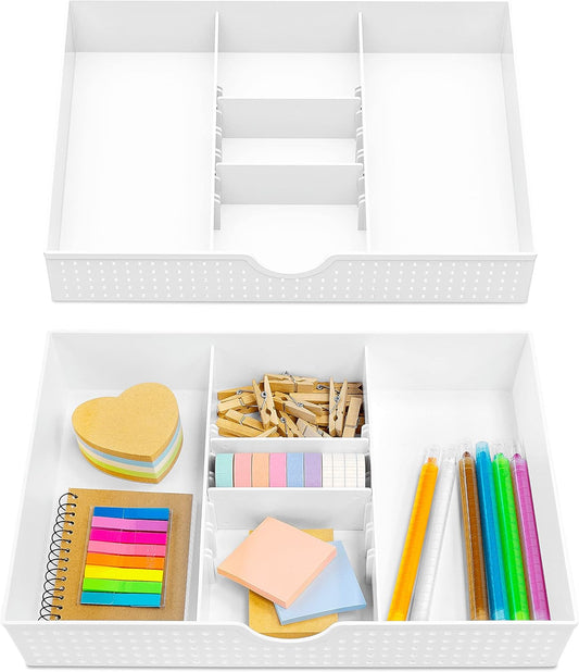 CAXXA 2PK - 3 Slot Drawer Organizer with Two Adjustable Dividers - 5 Compartments Drawer Storage Junk Drawer Organizer for Office Desk Supplies and Accessories, White