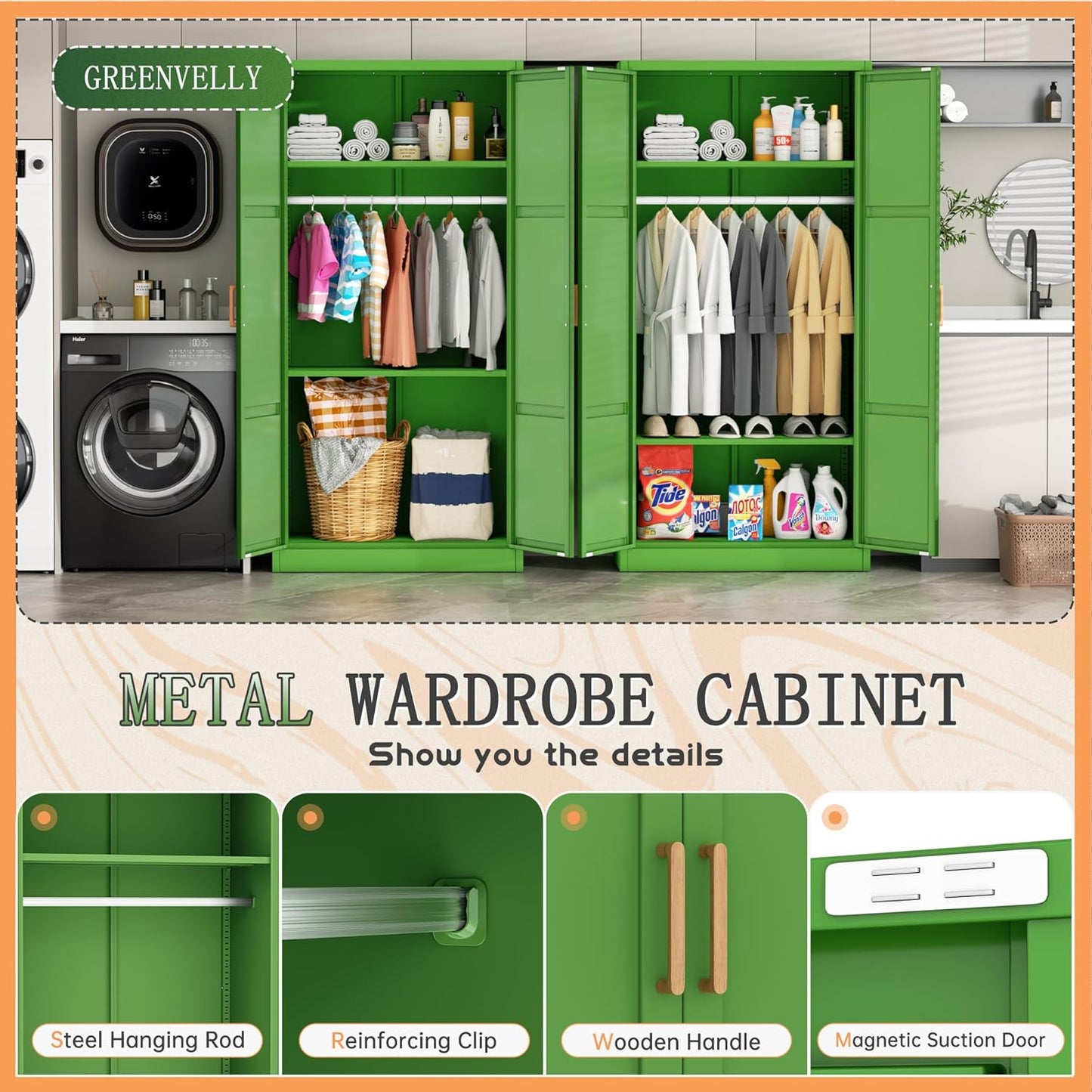 Greenvelly Metal Storage Wardrobe Cabinet with Lock, 71" Green Metal Wardrobe Closet for Hanging Clothes with Doors and Shelves, Modern Steel Clothes Closet for Home, Office and Bedroom, School,Gym