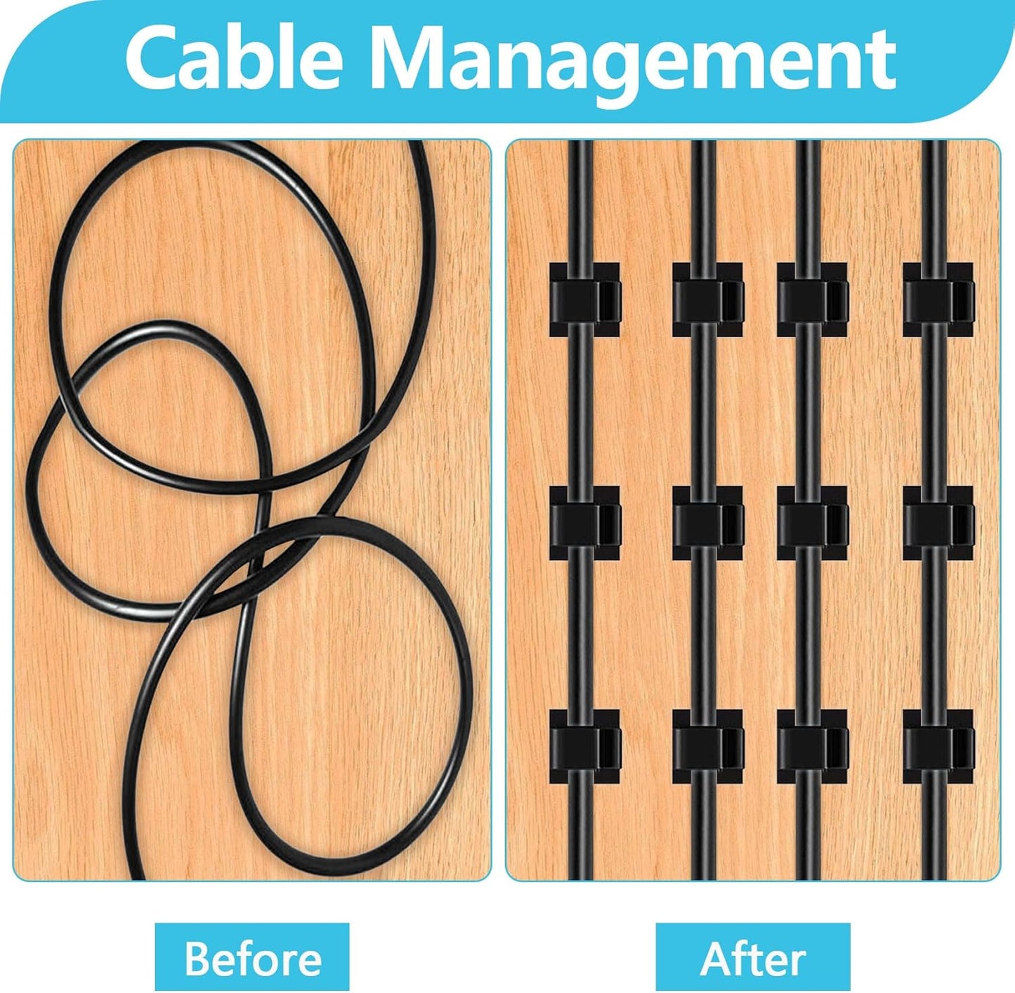 100PCS Adhesive Cable Clips, Wire Holder Organizer Cord Management, Cable Staples Outdoor Strong Cord Clips for Wall, Desk, Christmas Lights, String Lights, TV PC Ethernet Cable, Black Small