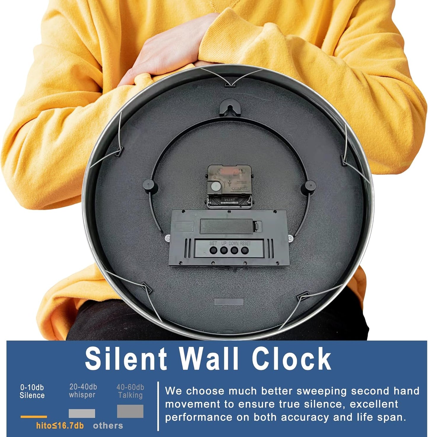 HITO 14 Inch Silent Wall Clock Battery Operated with Temperature and Date, Large Wall Clock for Living Room Decor, Office, Classroom, Bedroom