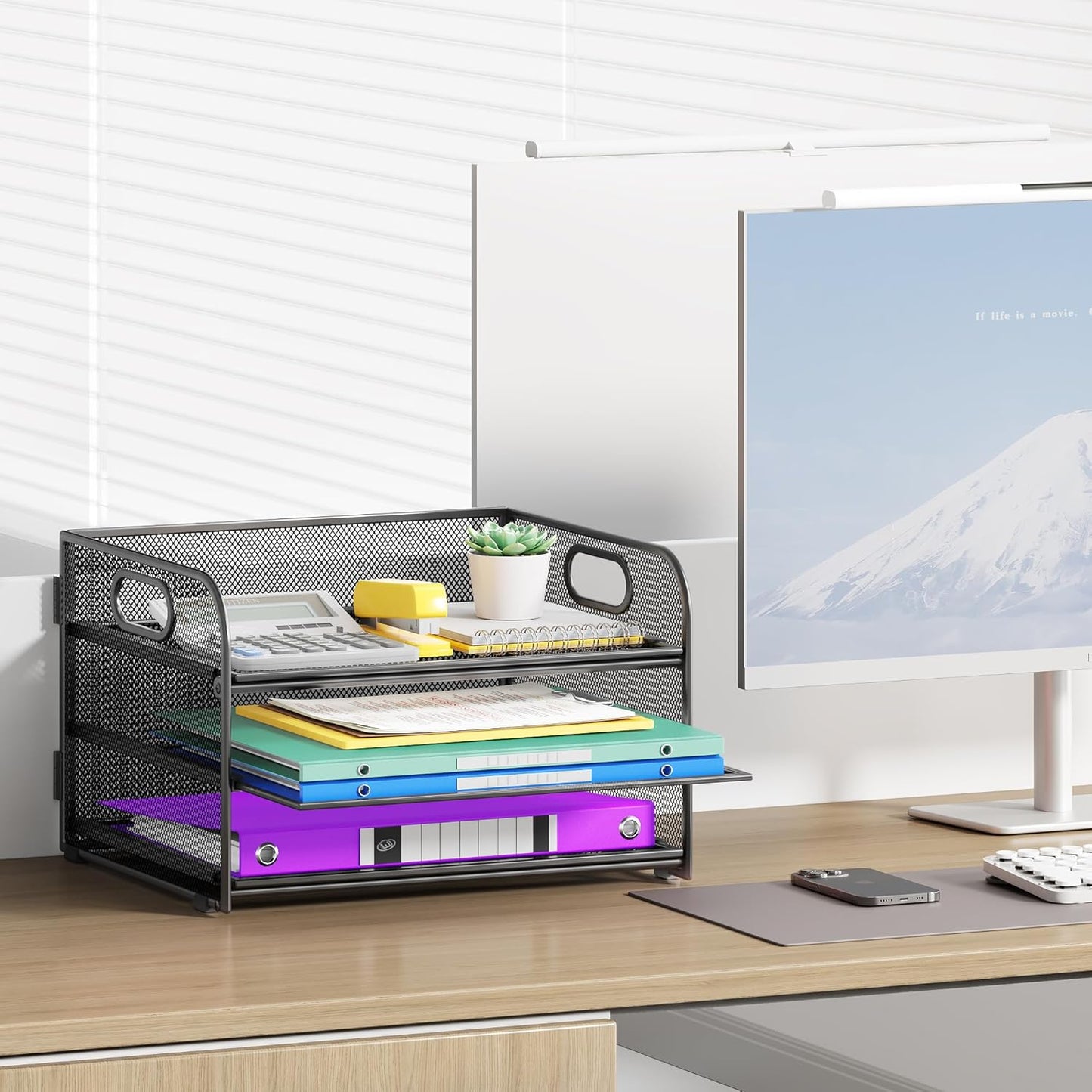 3 Tier Paper Organizer with Handle, Metal Desk Organizer Mesh Paper Letter Tray Desktop File Folder Document Sorter for Classroom, School, Office Accessories Organization and Storage - Black