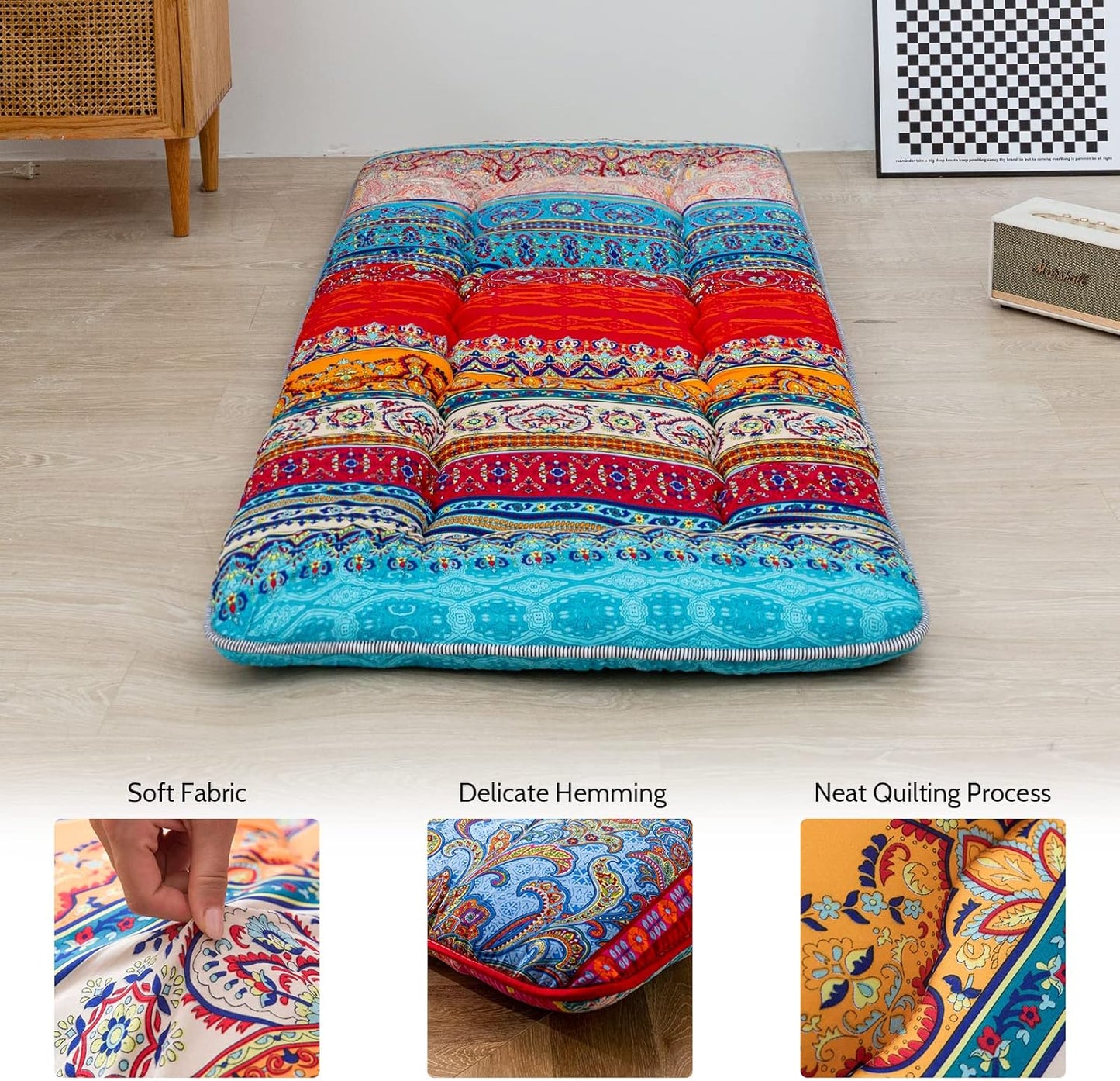 MAXYOYO Cot Mattress Bohemian Floor Bed, Japanese Floor Mattress Narrow Twin Futon Single Bed for Adults, Foldable Futon Roll Up Mat for Camping