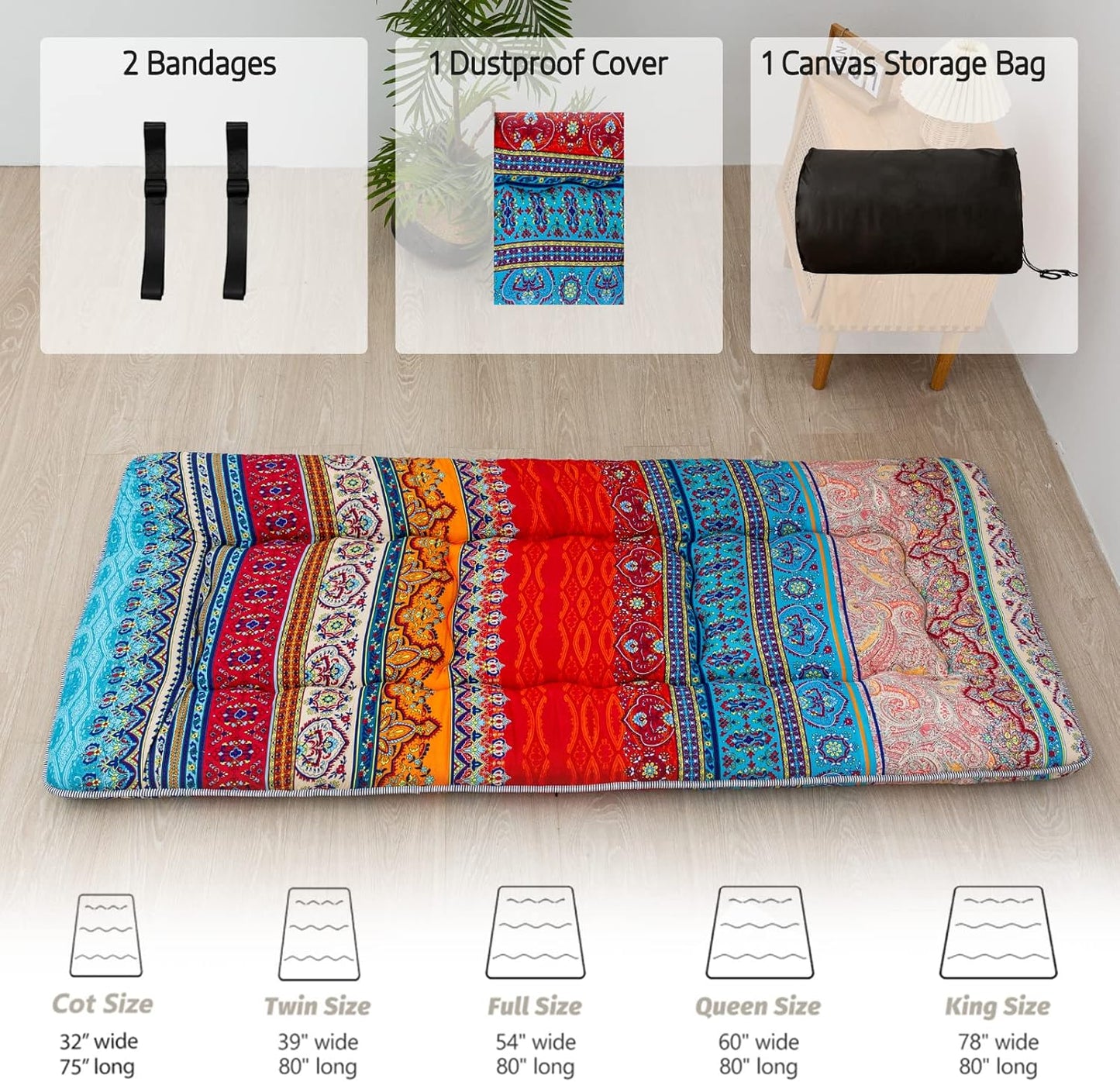 MAXYOYO Cot Mattress Bohemian Floor Bed, Japanese Floor Mattress Narrow Twin Futon Single Bed for Adults, Foldable Futon Roll Up Mat for Camping