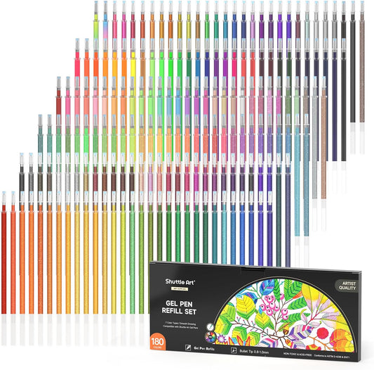 Gel Pen Refills, Shuttle Art 180 Colors (No Duplicates) Gel Pen Refills, 7 Color Types for Kids Adults Coloring Books Drawing Doodling Crafts Scrapbooking Journaling