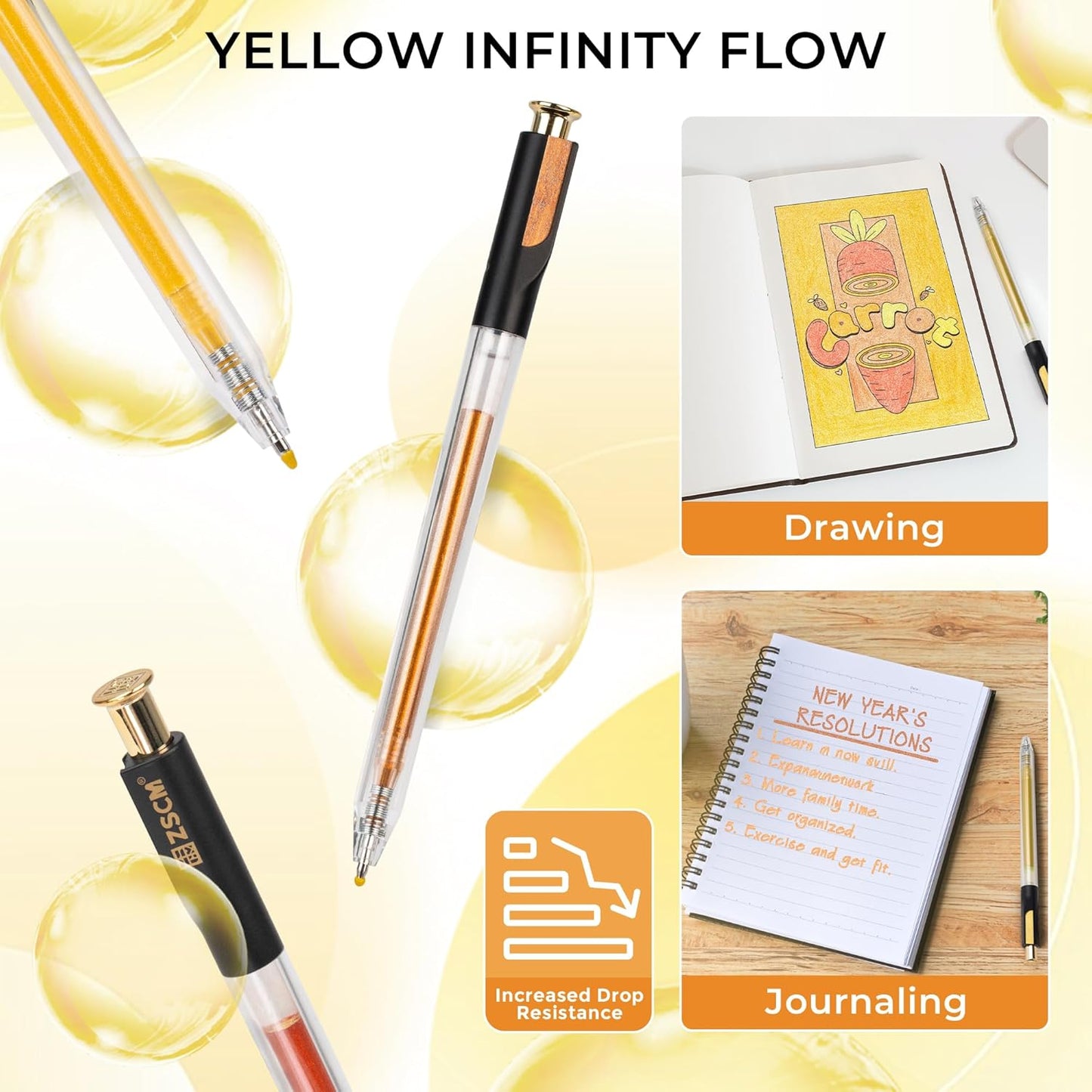 Retractable Glitter Gel Pens, 12 Colors Large Capacity Yellow Glitter Metallic Gel Ink Pens, 1 mm Fine Point Smooth Writing Color Pens for Adult Coloring Book Note Taking Aesthetic Art Supplies