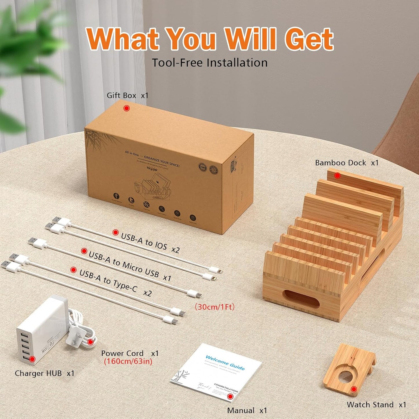 Pezin & Hulin Bamboo Charging Station Holder with 5 Port USB Charger, 5 x Charge Cables, Watch Stand, Wood Docking Stand Electronic Organizer for Multiple Devices, Phones, Tablets and More