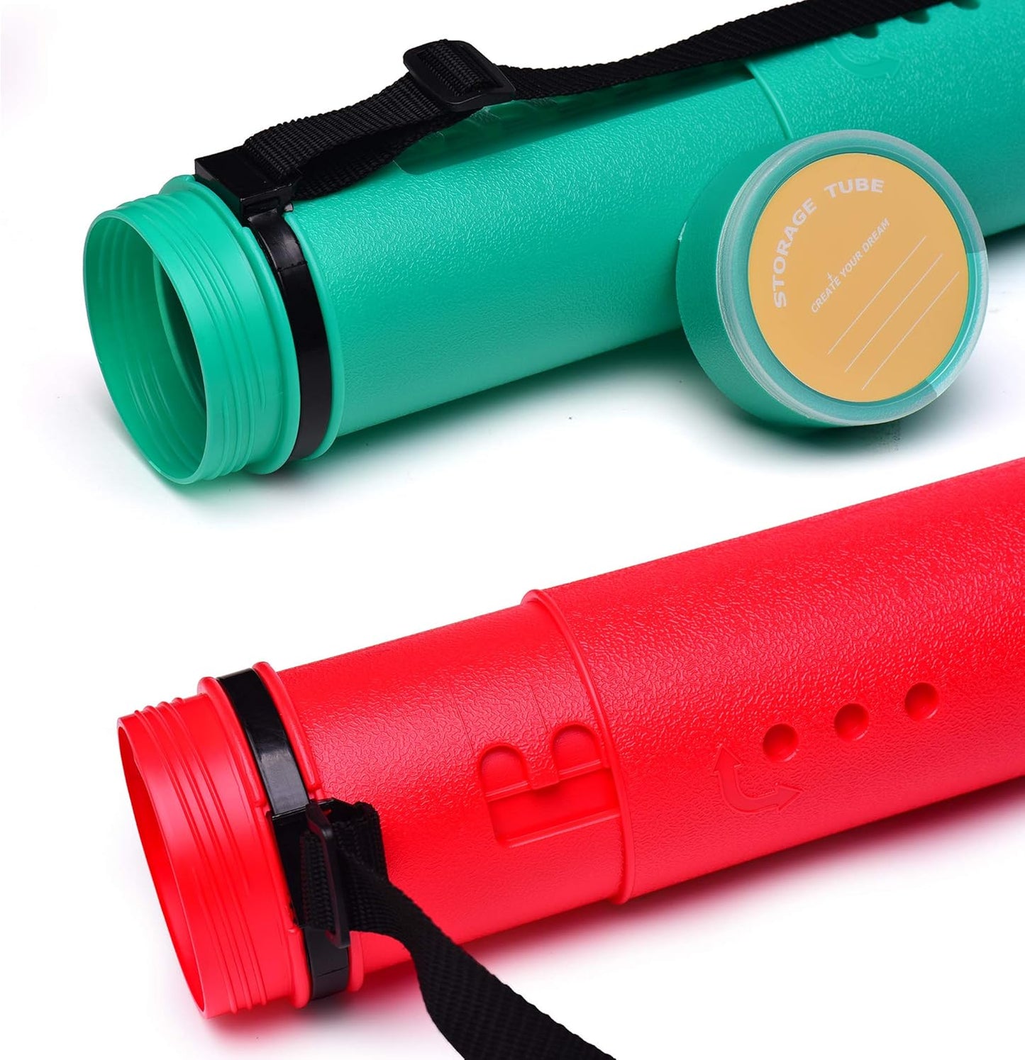 2-Pack Extendable Poster Tubes Expand from 24.5” to 40” with Shoulder Strap | Carry Documents, Blueprints, Drawings and Art | Red and Green Portable Durable Round Storage Cases with Lids and Labels