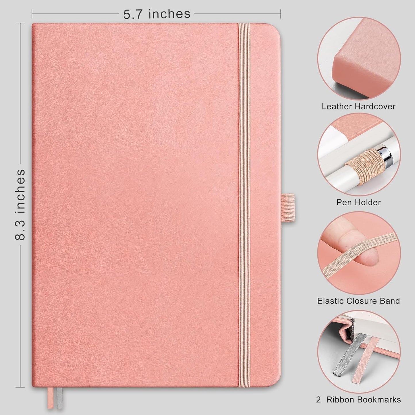 RETTACY Lined Journal Notebook, 192 Numbered Pages, A5 Medium Size (5.7'' x 8.3''), for Men & Women, Journaling, Writing, Work & Office, Leather Hardcover, 100 GSM Thick Paper (Pink)