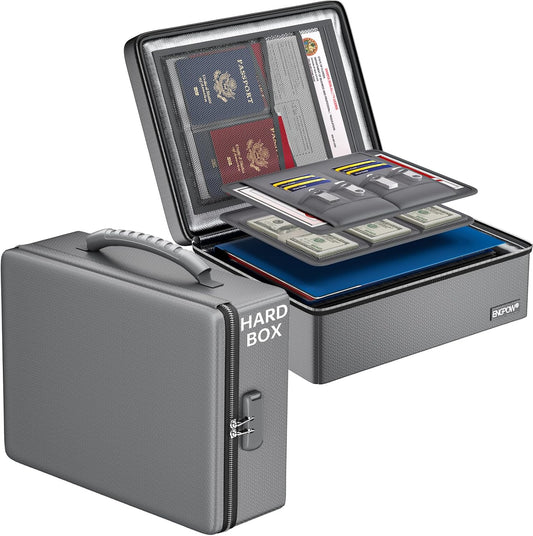 ENGPOW Fireproof Document Box, Hard Case File Box with Fireproof Zipper＆Lock, 6400°F Heat Insulated Fire and Water Resistant File Organizer Storage Safe for Important Documents Laptop Cash, Gray