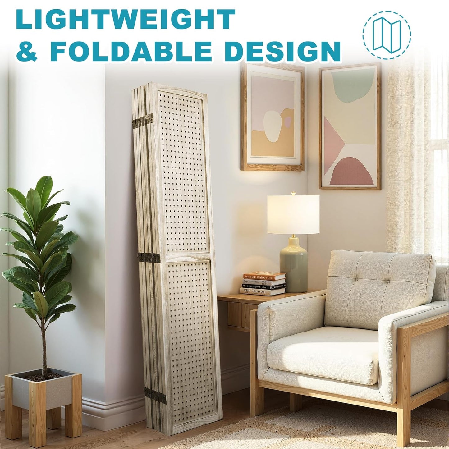 6 Panel Room Divider, 5.6FT Folding Room Divider Screen, Free Assembled Freestanding Partition for Home Office Bedroom, Tan