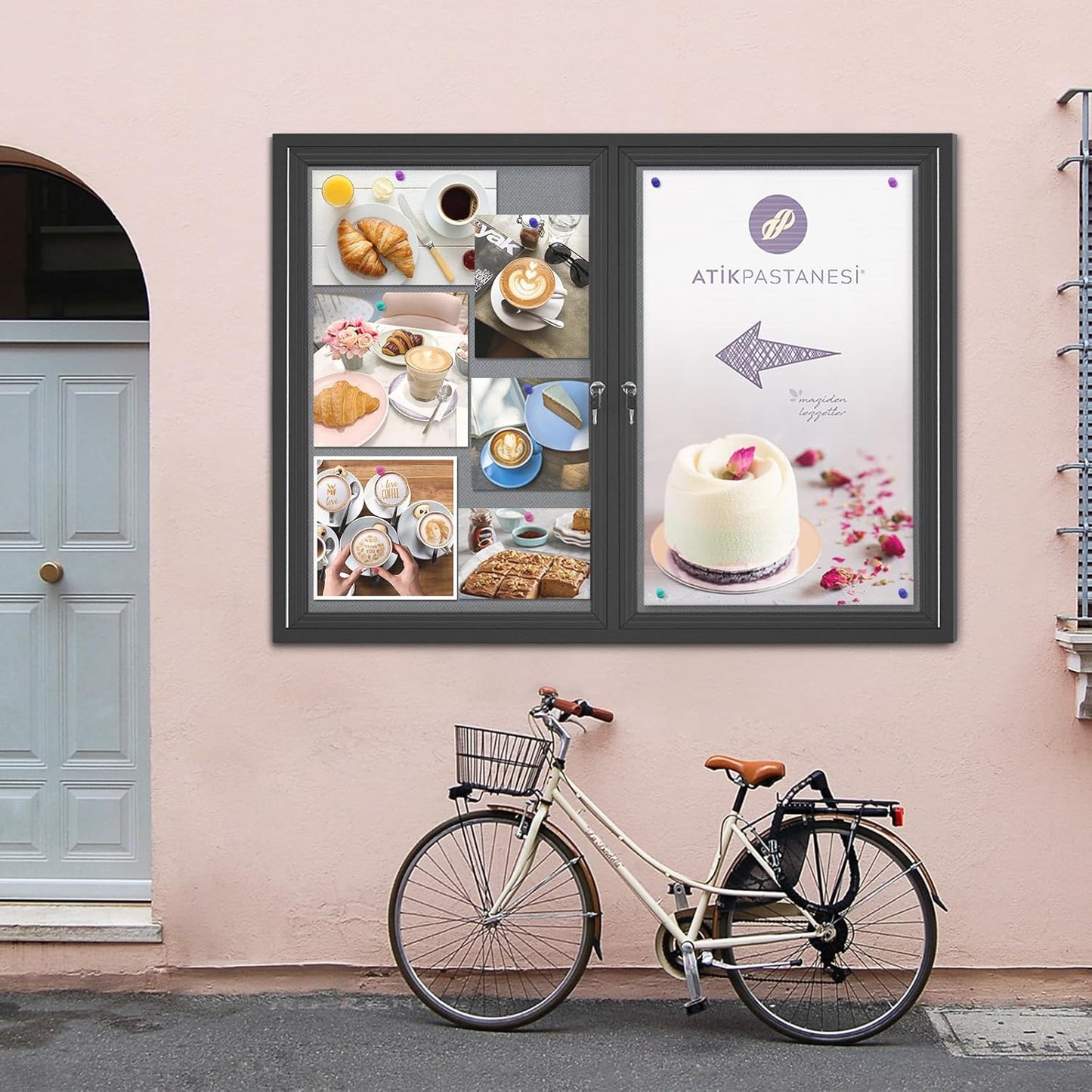 Enclosed Bulletin Board Lockable,Double-Door Weatherproof Outdoor Noticeboard with Locking Door, Wall-Mounted Aluminum Framed Presentation Board, 44x32 Inch (8xA4)