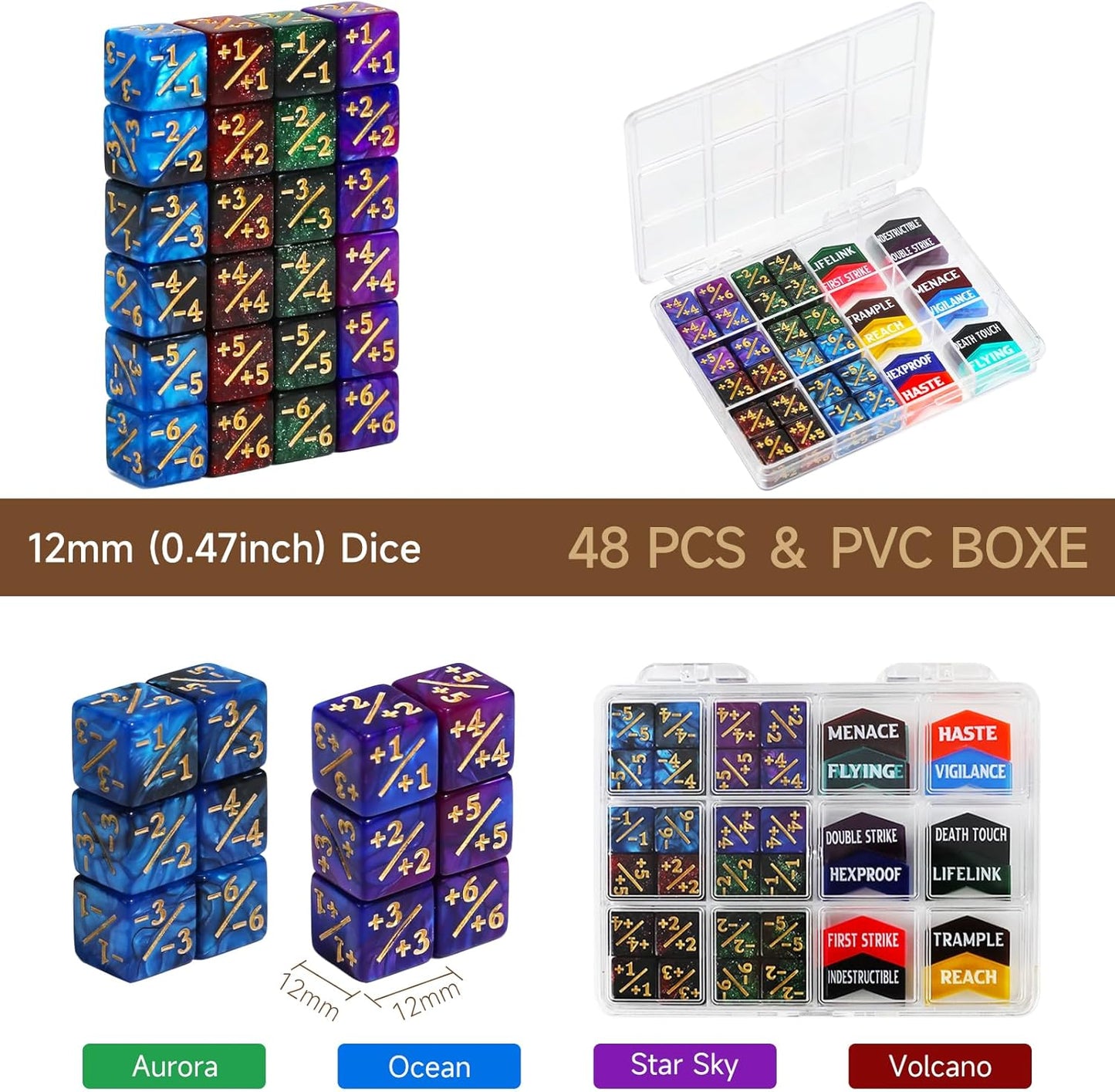 48PCS MTG Tokens & 12mm Dice Counter for Magic The Gatering, MTG Abilities Keyword Buff Tokens Life Counters 6 Sided Dice, Compatible with TCG Card Gaming Accessories CCG Creature Stats