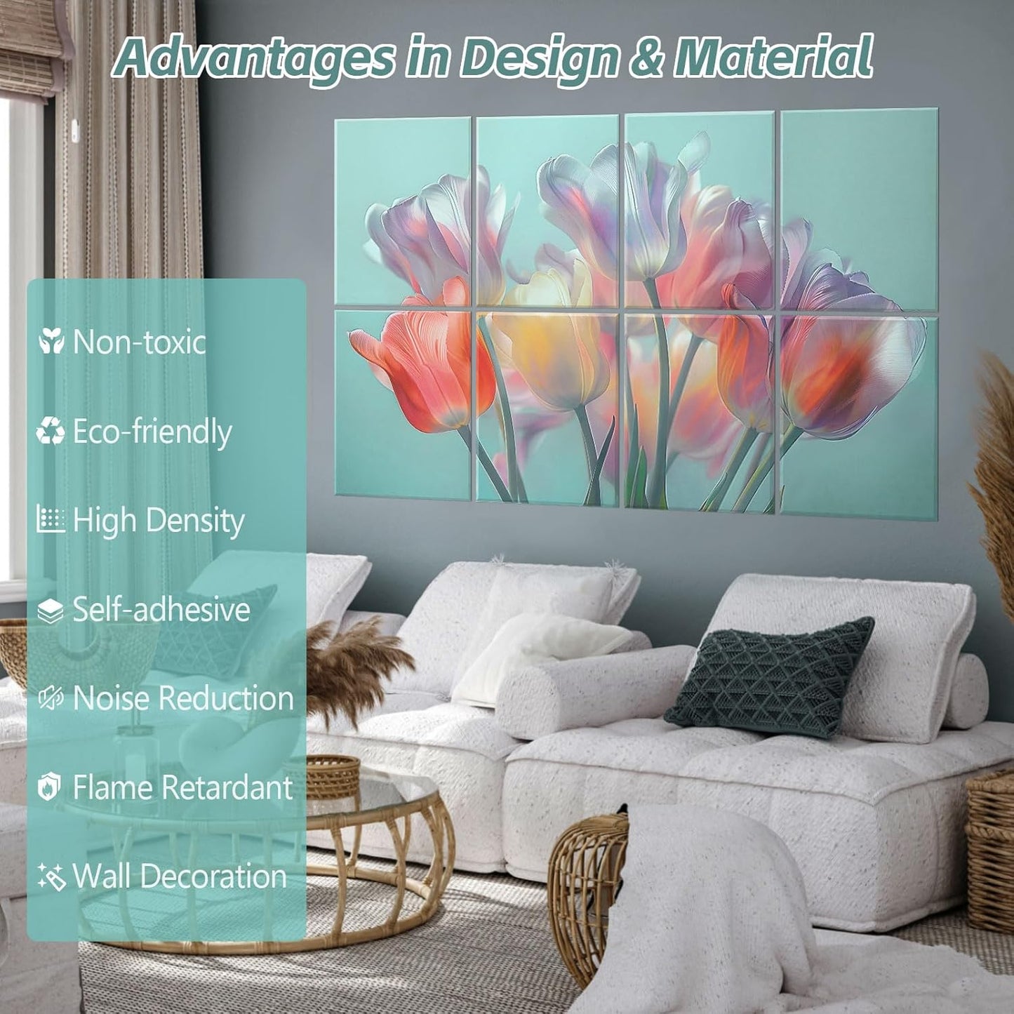 8 Pack Art Acoustic Panels, 48"X32" Self-adhesive Soundproof Wall Panels, Decorative Sound Absorbing Panel, Acoustic Treatment for Studio, Home, Office (Colorful Tulips)