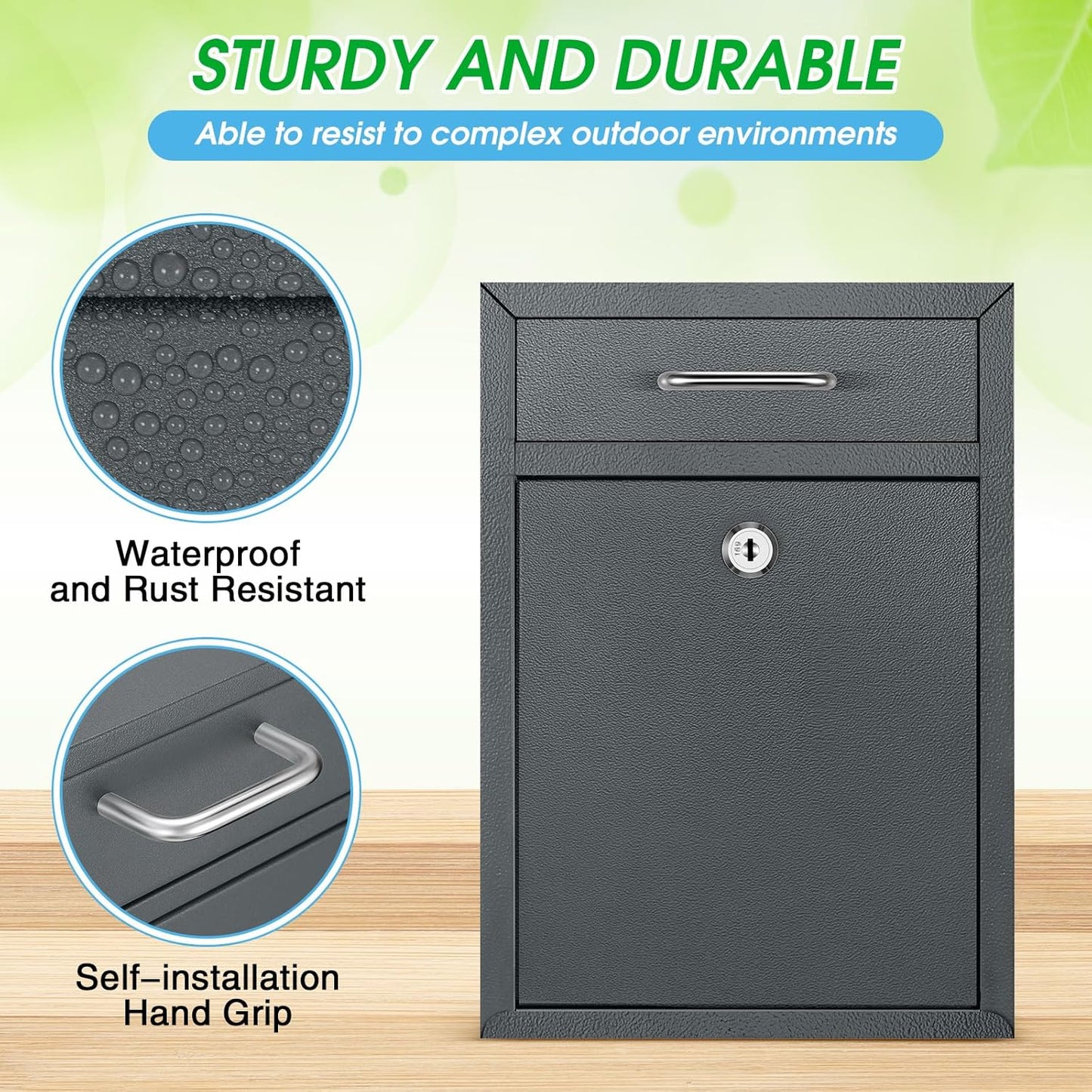 Locking Mailbox with Key for Outdoor 12.2 x 8.5 x 3 Inches Large Wall Mount Mail Box with Lock Security Mail Drop Metal Collection Boxes Hanging Secure Postbox(Dark Gray)