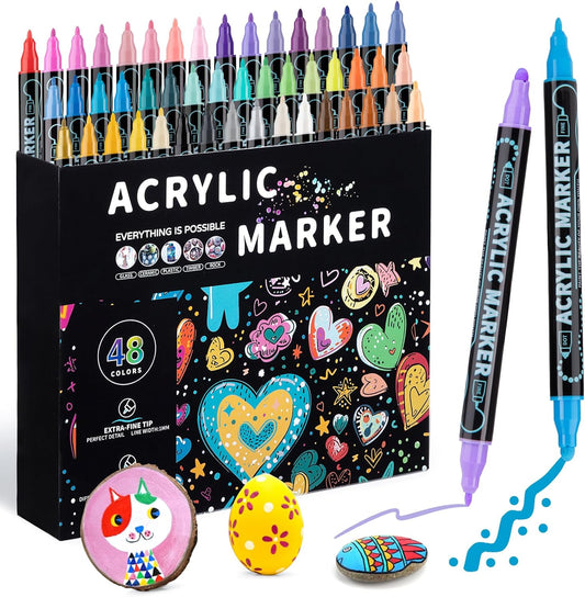 48 Colors Dual Tip Acrylic Paint Pens Marker, Double Tip Premium Acrylic Markers, Markers for Wood, Rock Painting, Glass, Canvas, Stone, DIY Crafts Making Art Supplies