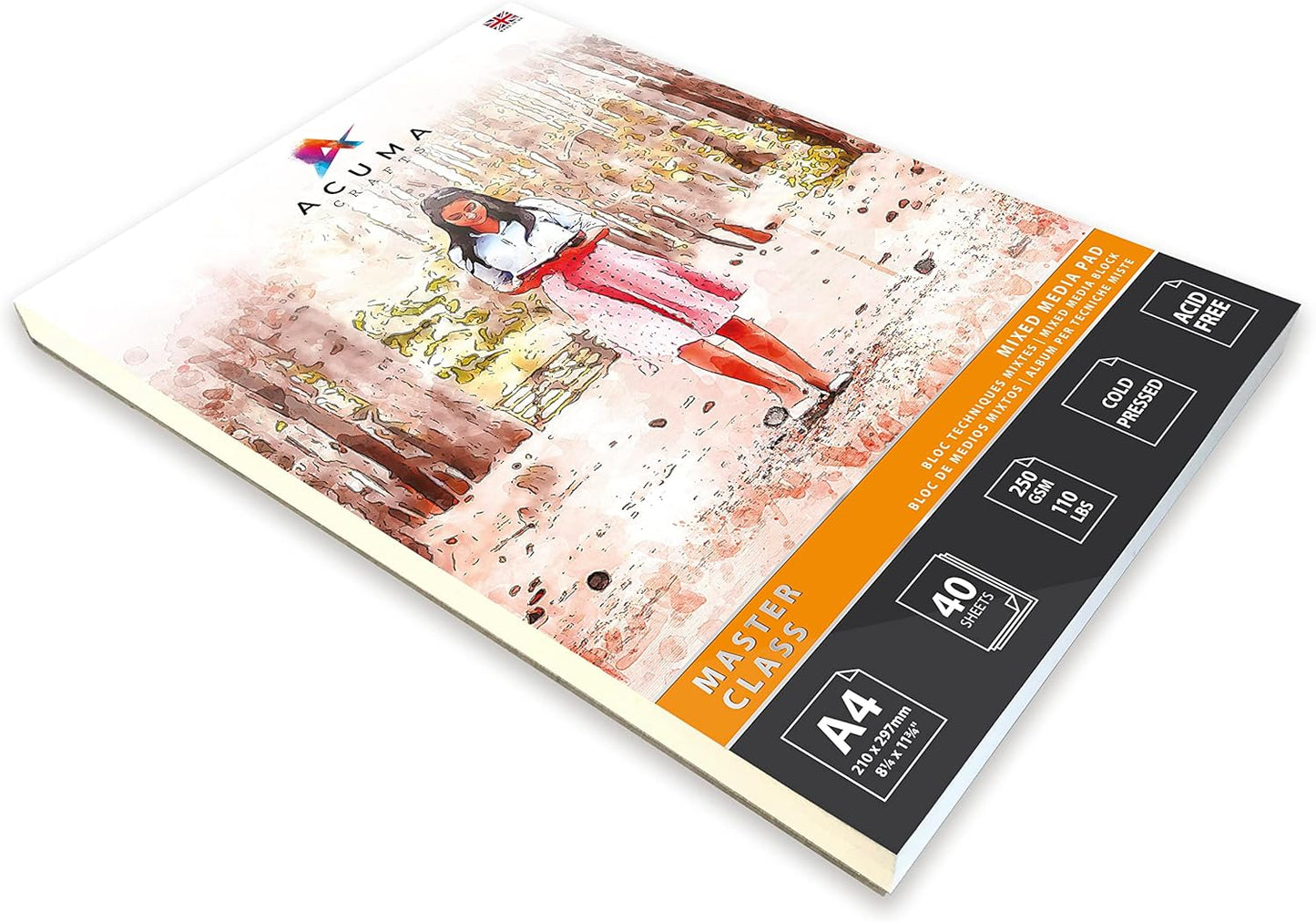 Mixed Media Paper Art Pad, 40 Sheets, A4 Size 110 lb/250 GSM, Glue Bound, Bleedproof, Acid Free, Cold Pressed for Artists Wet, Mixed Media Drawing and Techniques, Made in UK by Acuma Crafts