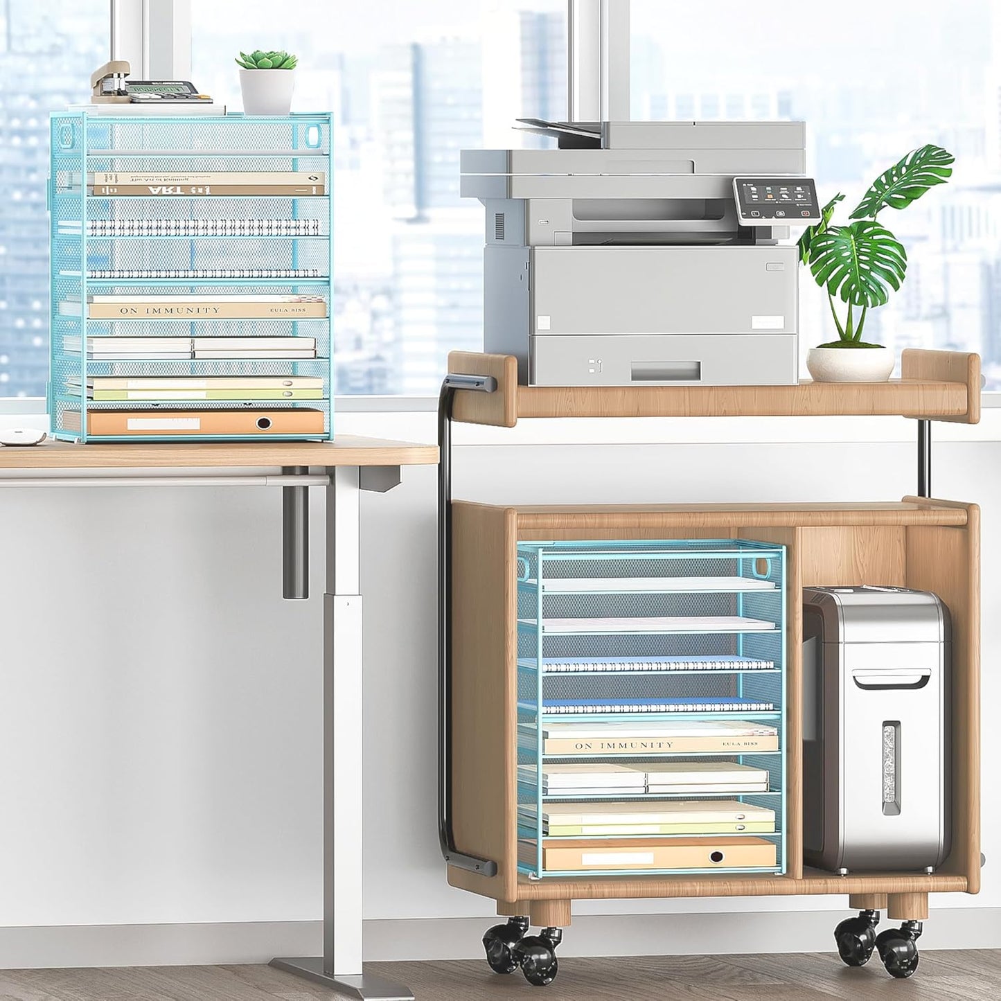 Subekyu 9 Tier Paper Letter File Tray Organizer for Desk, Large Mesh Desk Folder Sorter Organizer with Handle, Include 6 Pcs Adjustable Height Slid Tray for Office Home School Supplies Storage, Blue