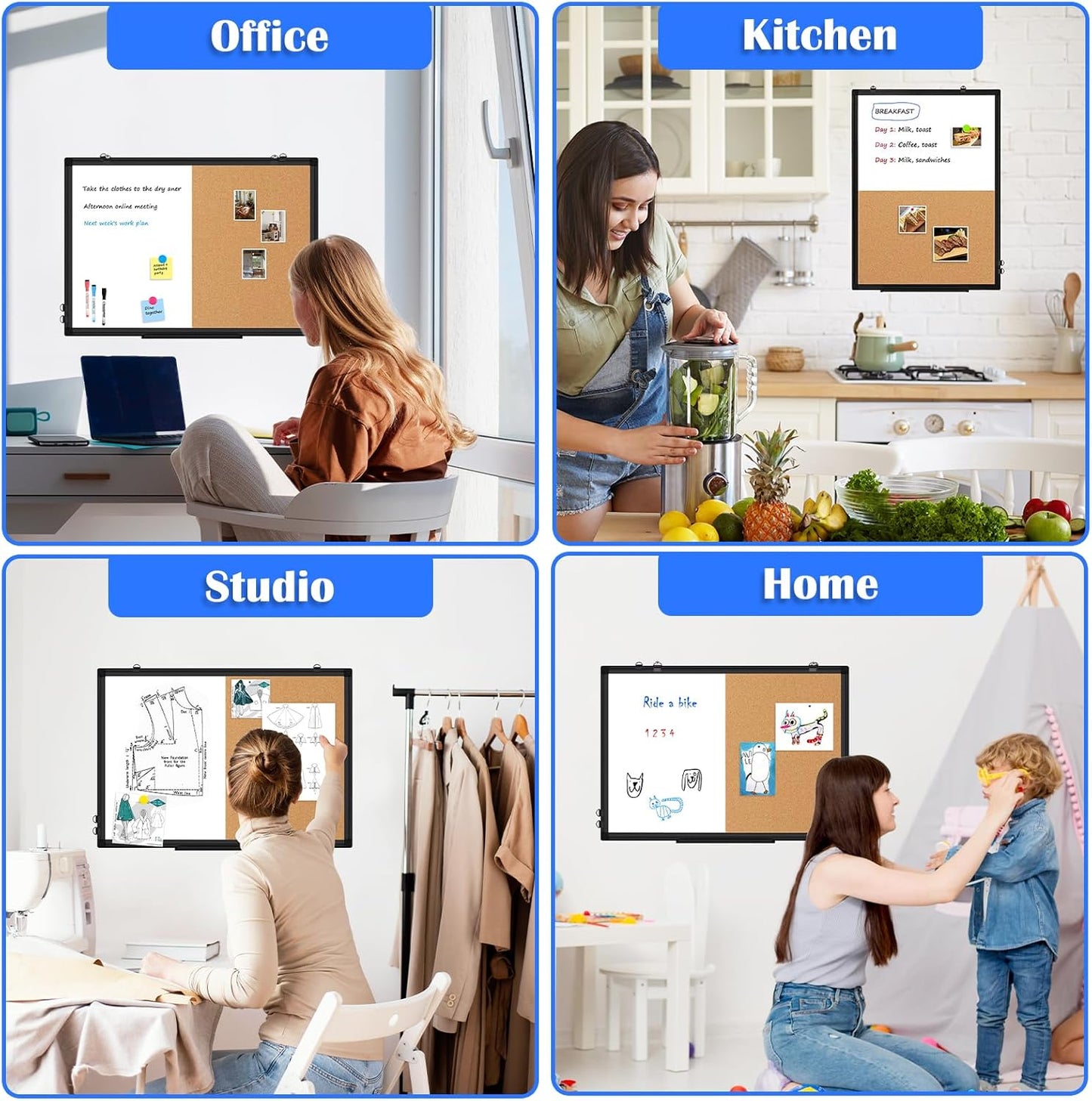 [24" x 18"] WALGLASS Dry Erase and Bulletin Boards Combo, Magnetic White Board Cork Board for Wall, Whiteboard & Corkboard Combination with Aluminum Frame, for Home, Classroom, Office