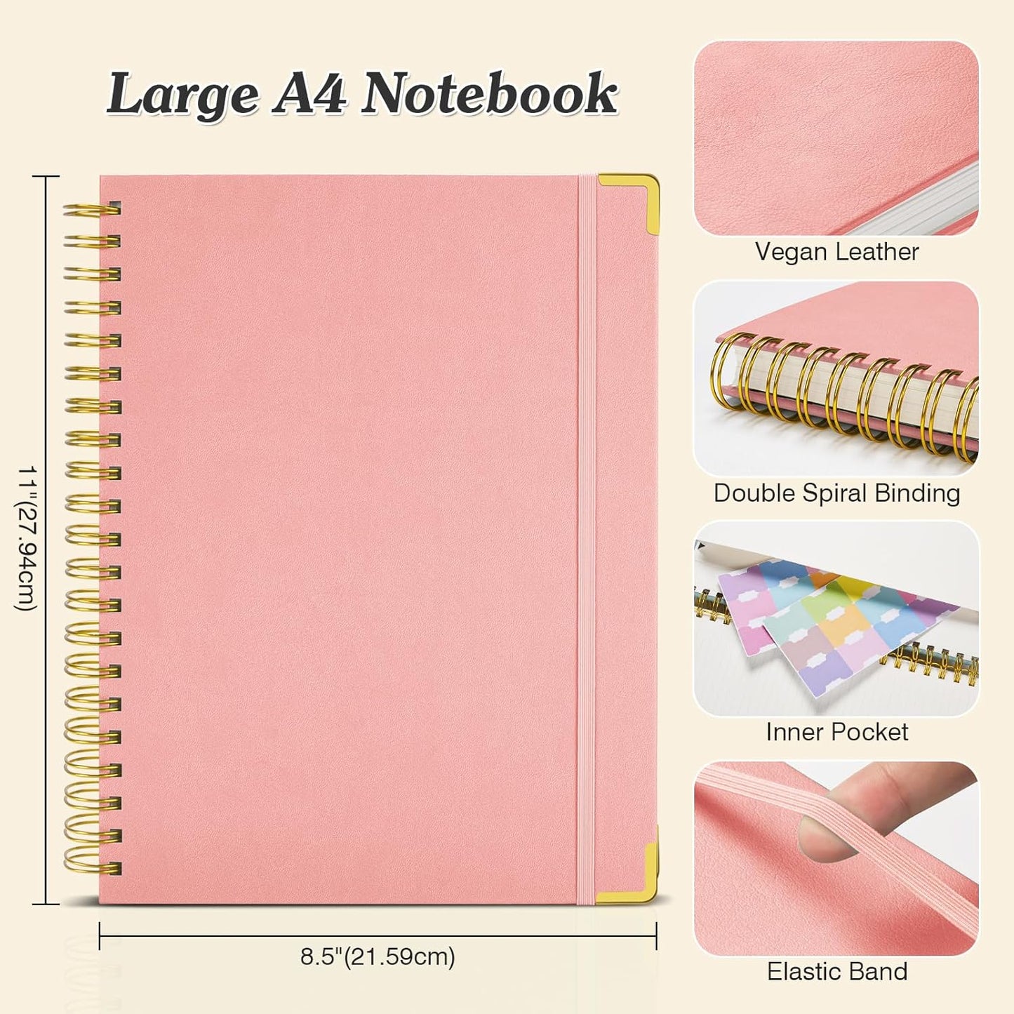 Spiral Notebook 8.5" x 11", 300 Numbered Pages Notebooks College Ruled with Contens, 100GSM Thick Journal for Women Men, Hardcover Leather Lined Journal for Writing, Large A4 Notebooks for Work School