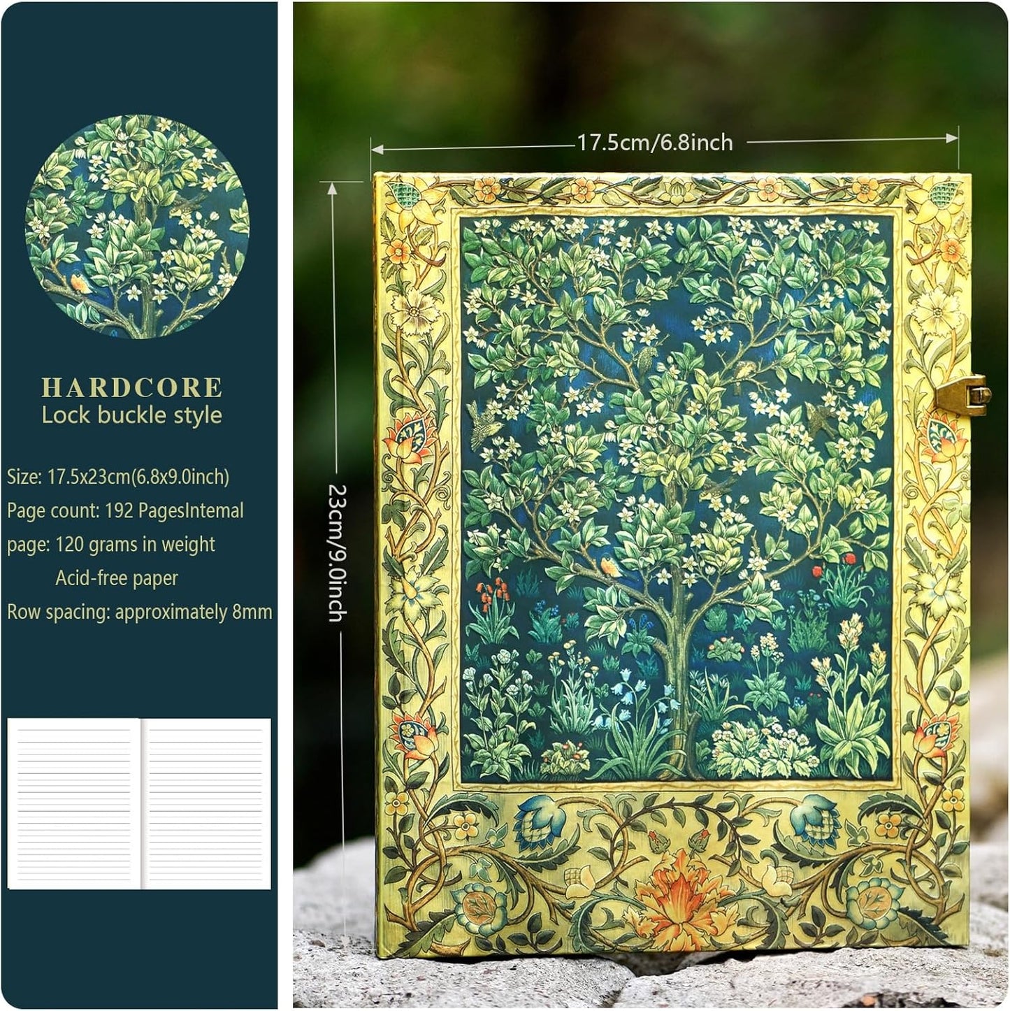 Retro 3D Happiness Tree Hot Stamp Hardcover Journal - 192 Blank Lined Pages/Envelope Pocket - Luxury Travel Diary & Commemorative Keepsake for Cherished Moments
