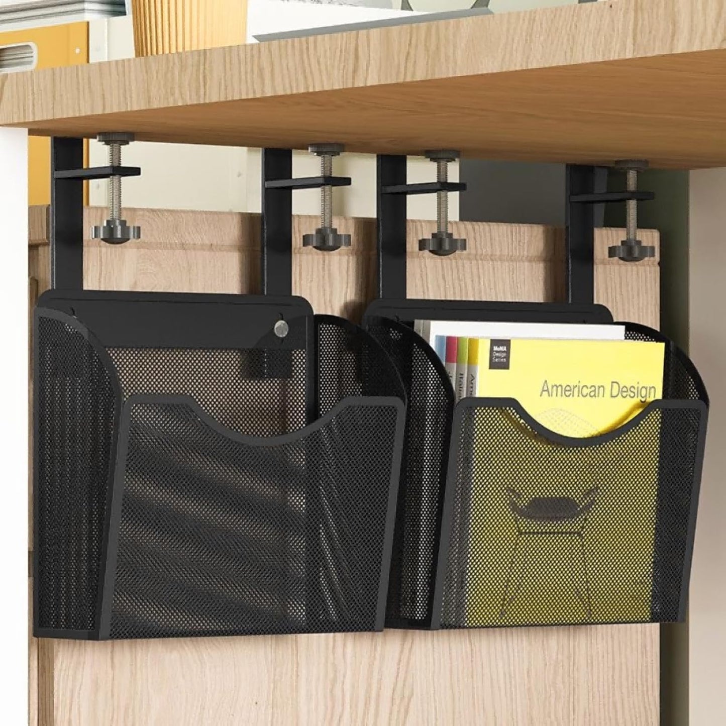 Under Desk Drawer, Desk Side Storage, Hanging Desks Organizer, Clamp On Mesh Metal Desks Organizer for Office and Home (Black)