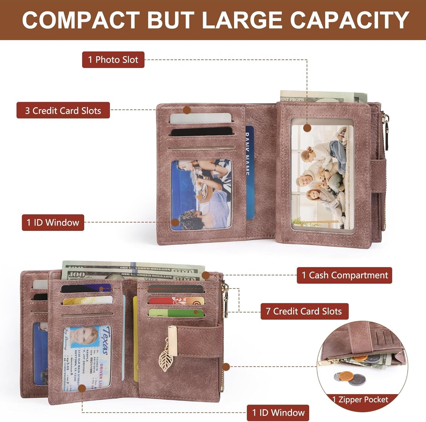 Small Wallet Women RFID Blocking Leather Bifold Wallet Credit Card Holder for Women Ladies Compact Wallet Mini Purse With Zipper Pocket